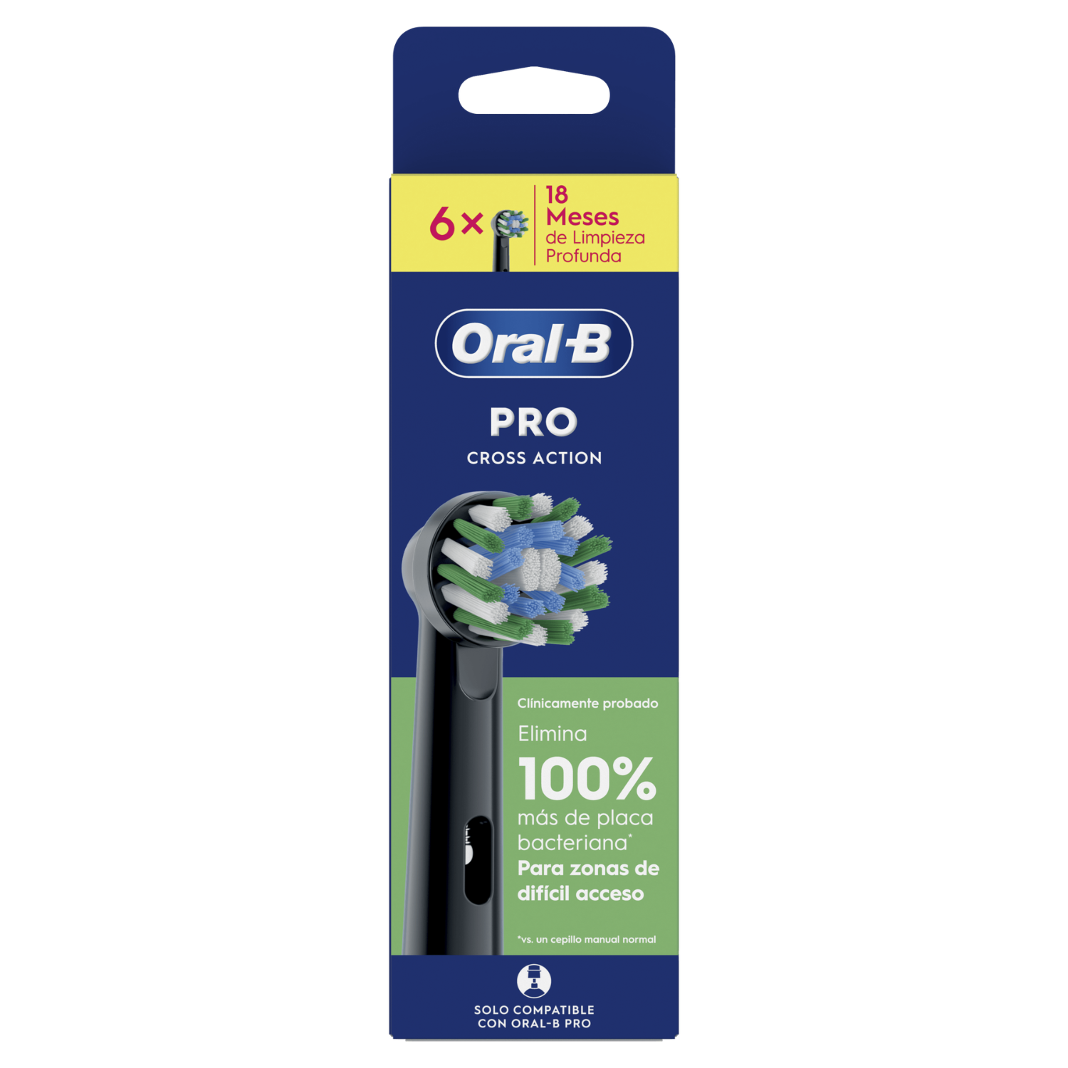 Embalaje de cabezales Oral-B PRO Cross Action con cerdas azules, verdes y blancas.