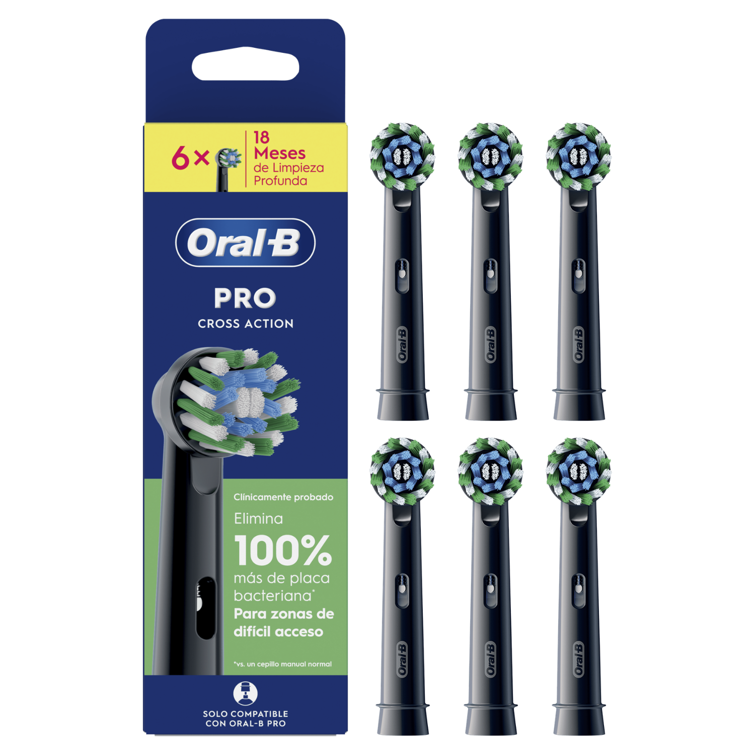 Caja de 6 cabezales Oral-B Pro Cross Action negros con cerdas azules, verdes y blancas.