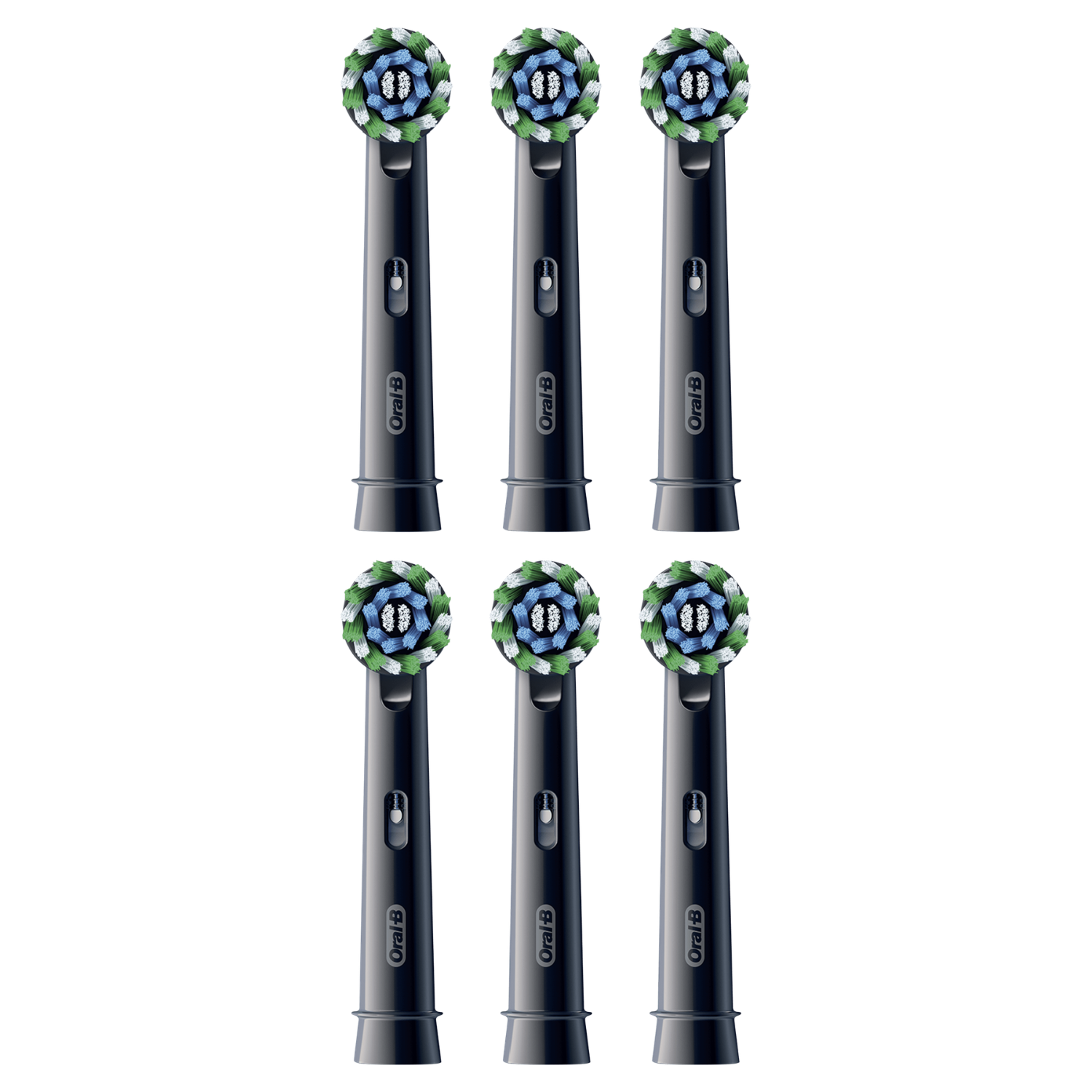 Seis cabezales negros Oral-B con cerdas azules, blancas y verdes.