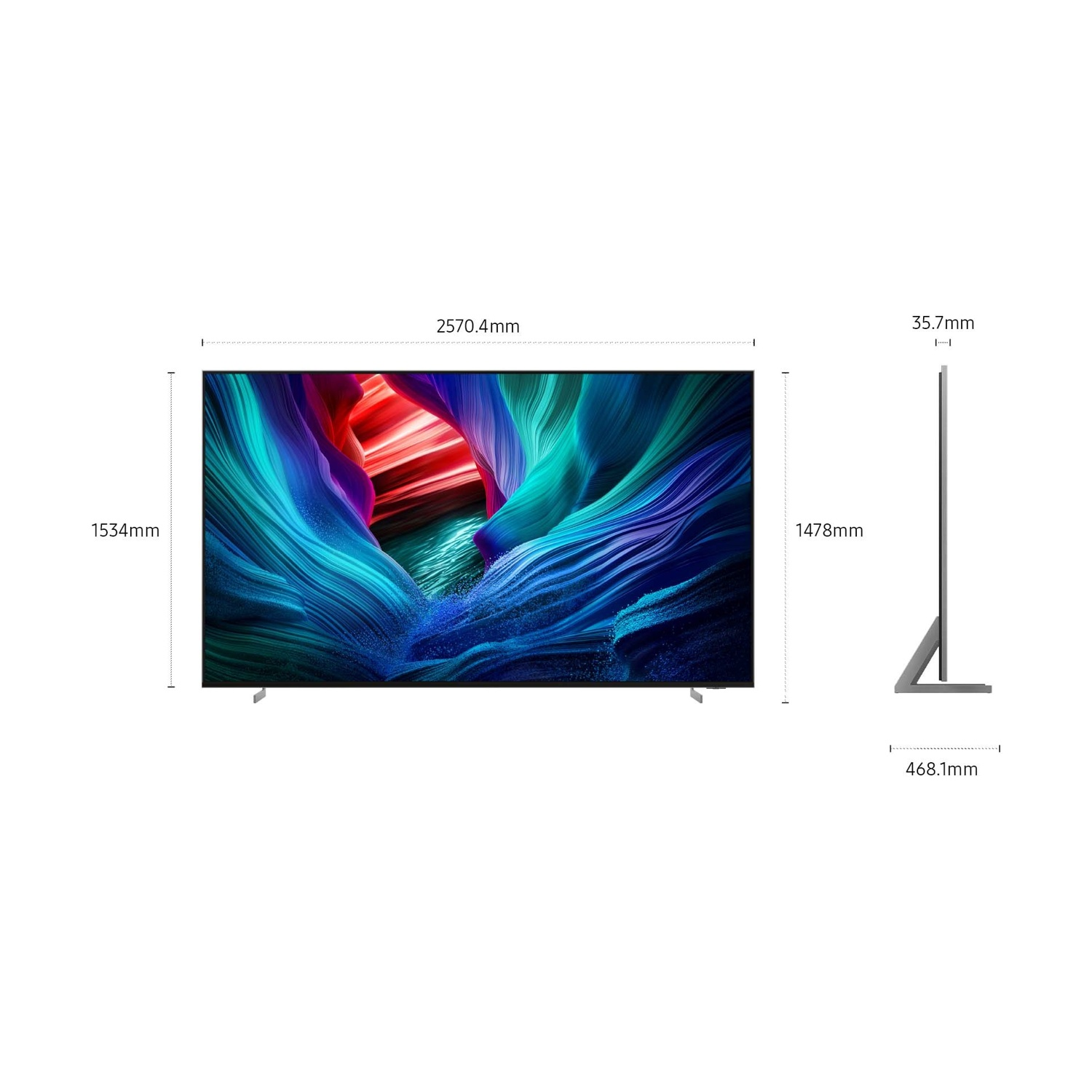 Grande TV con immagine astratta e colorata, dimensioni indicate.