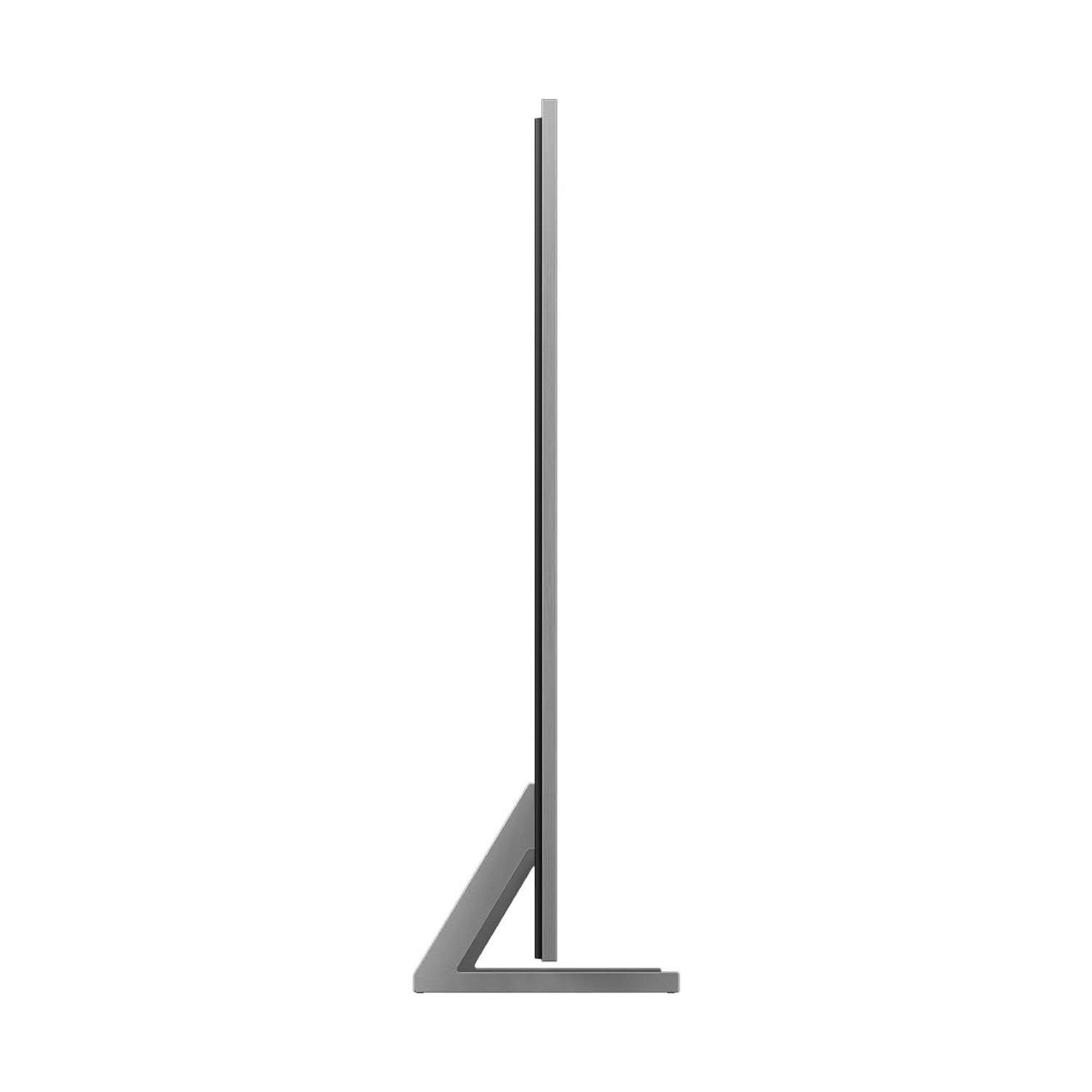 Una TV grigia ed elegante poggia su una base moderna.