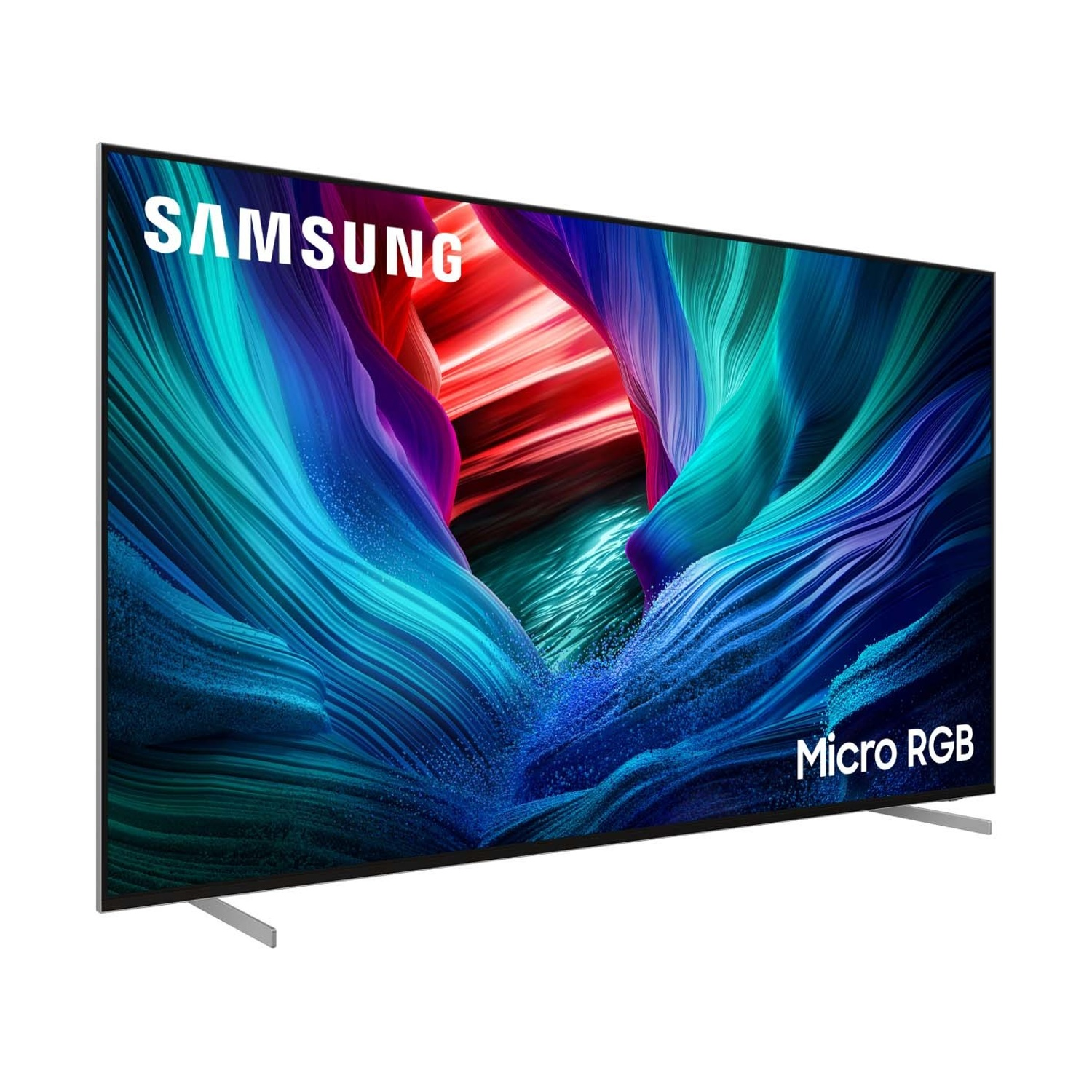 Una TV Samsung Micro RGB che visualizza un'immagine di sfondo astratta e colorata.