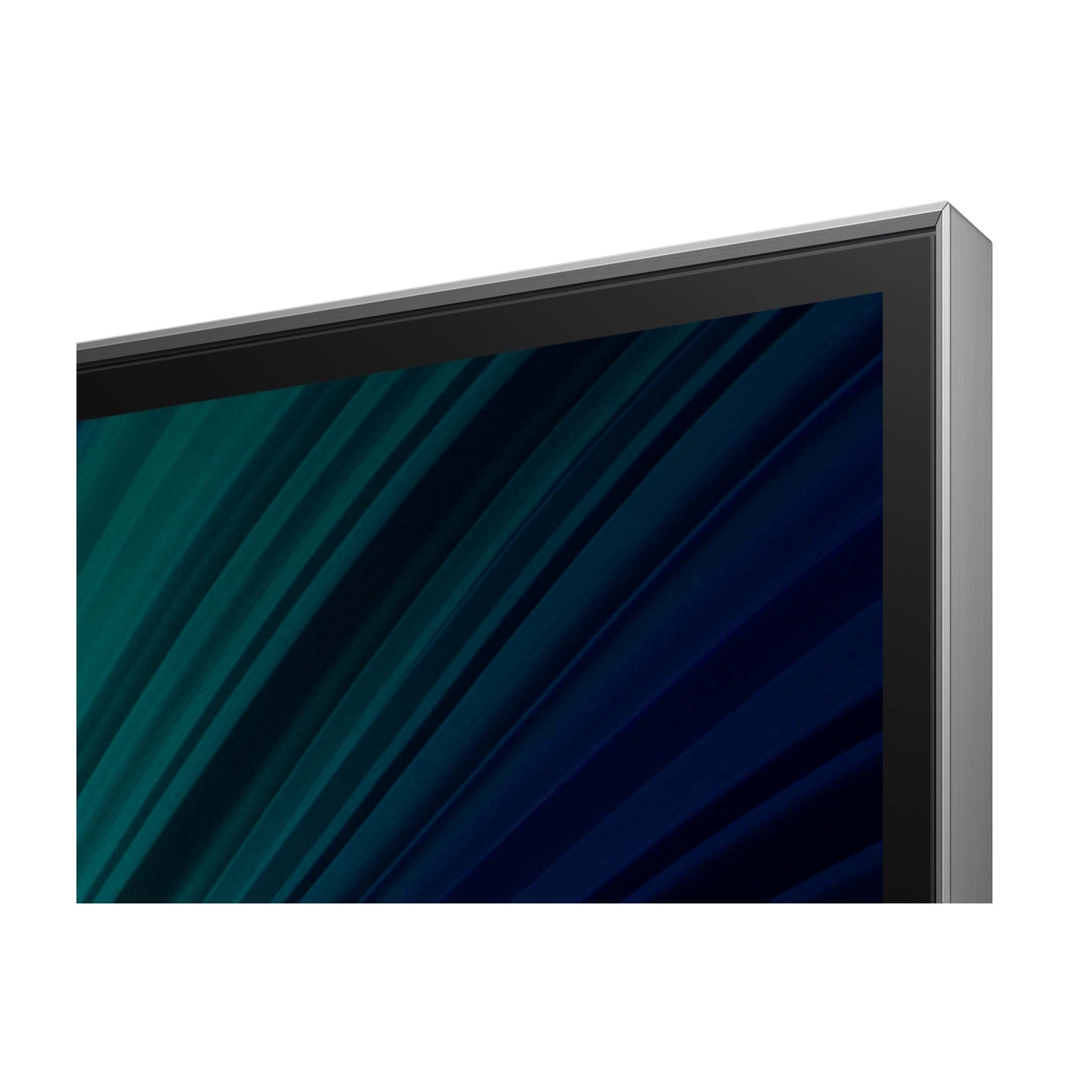 Primo piano di uno schermo TV con motivo astratto verde e blu.