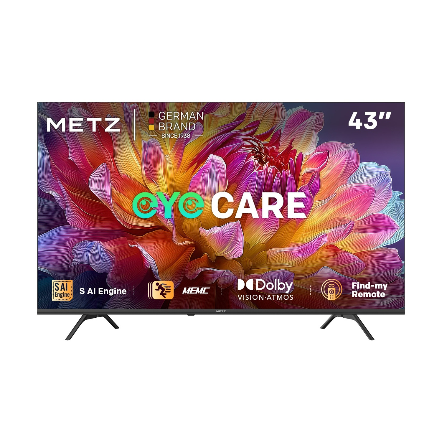 Una TV Metz da 43 pollici con schermo floreale e logo 'Eye Care'.