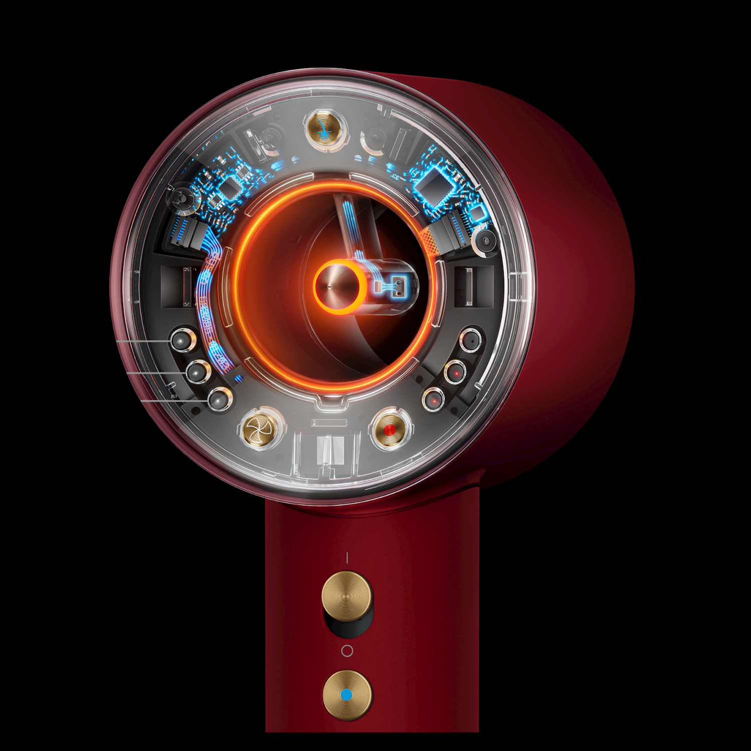 Asciugacapelli rosso con testa trasparente che rivela i componenti interni. Anello arancione.