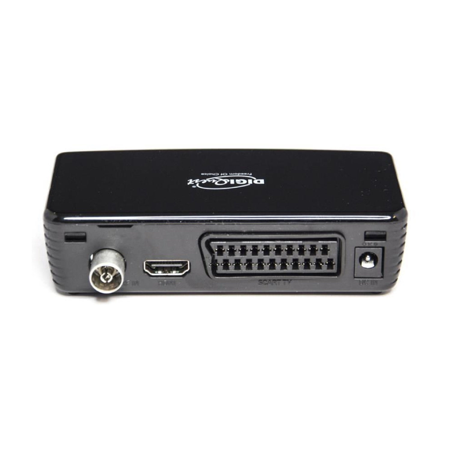 Un decoder digitale nero con porte HDMI, SCART e ingresso alimentazione.