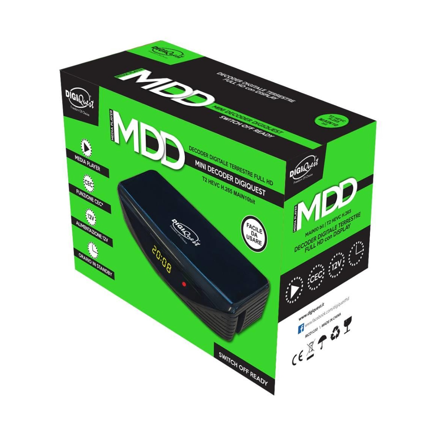 Un decoder digitale nero con etichetta "MDD" su confezione verde e nera.