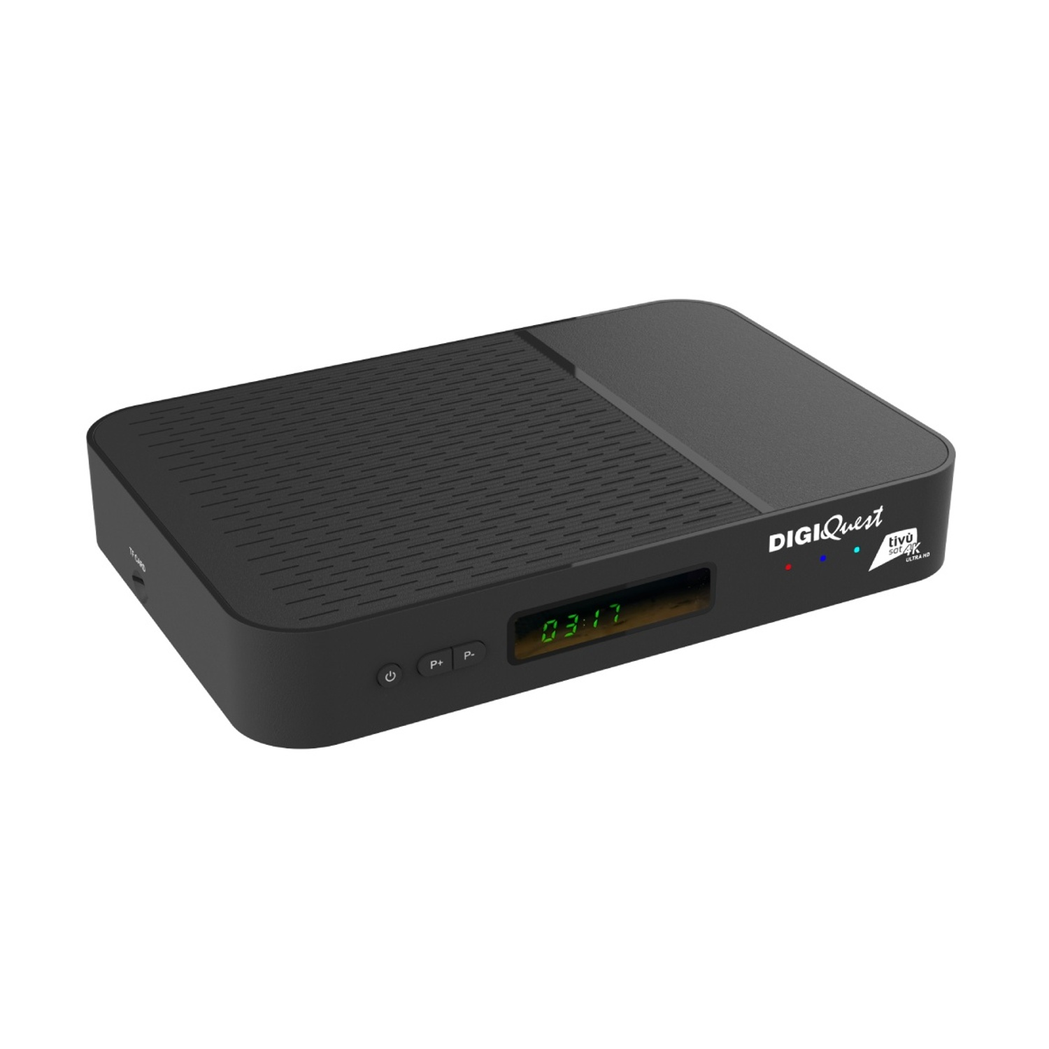 Set-top box nero con display digitale e logo del marchio.