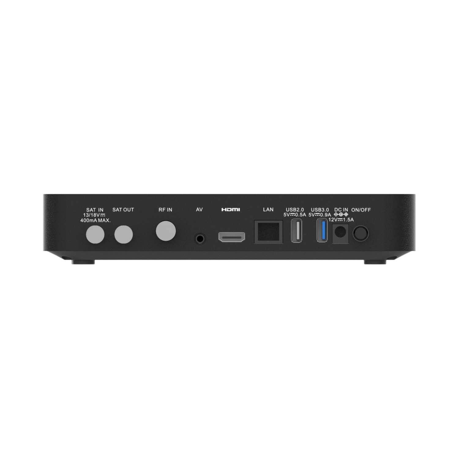 Retro di un dispositivo nero con porte: SAT IN, SAT OUT, RF IN, AV, HDMI, LAN, USB2.0, USB3.0, DC IN/ON/OFF.