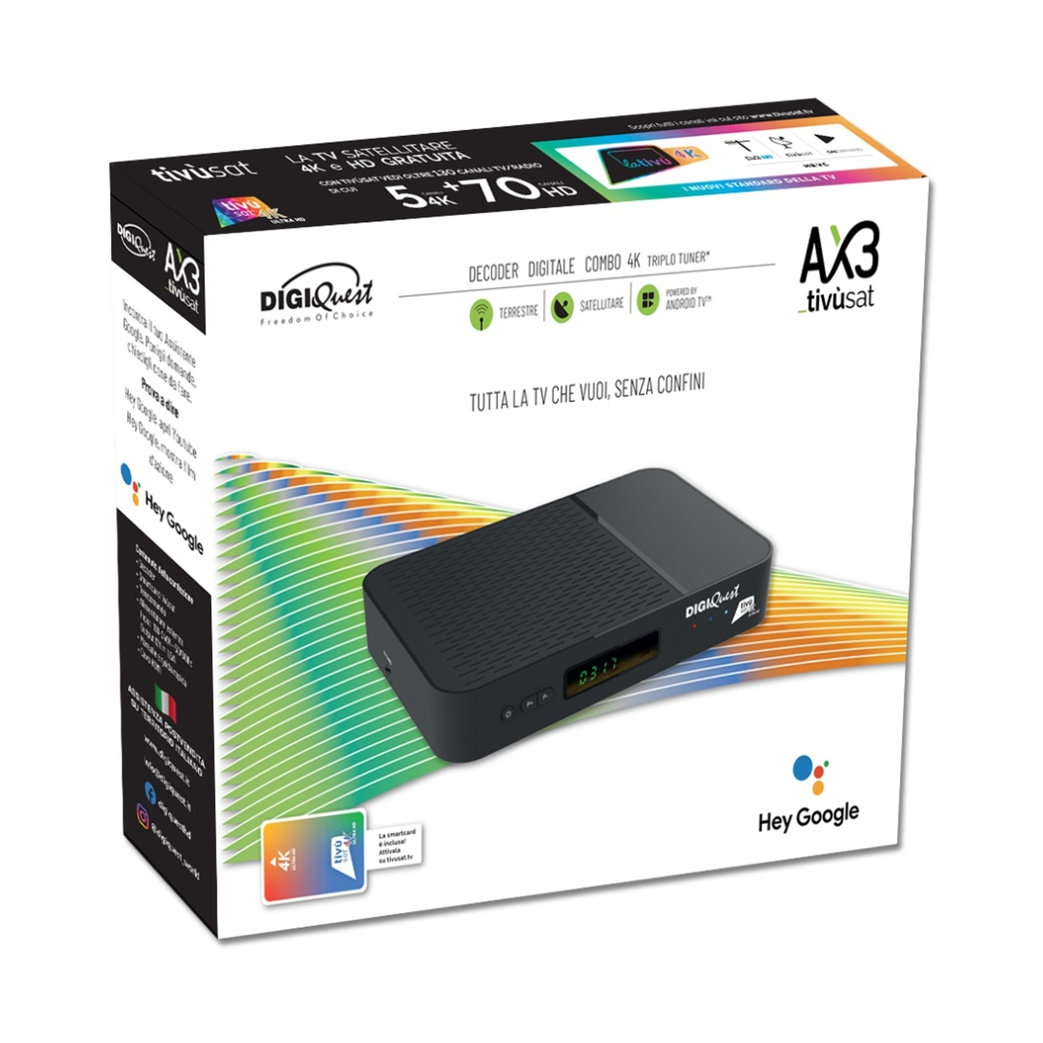 Confezione di un decoder digitale nero 'AX3 tivusat'.