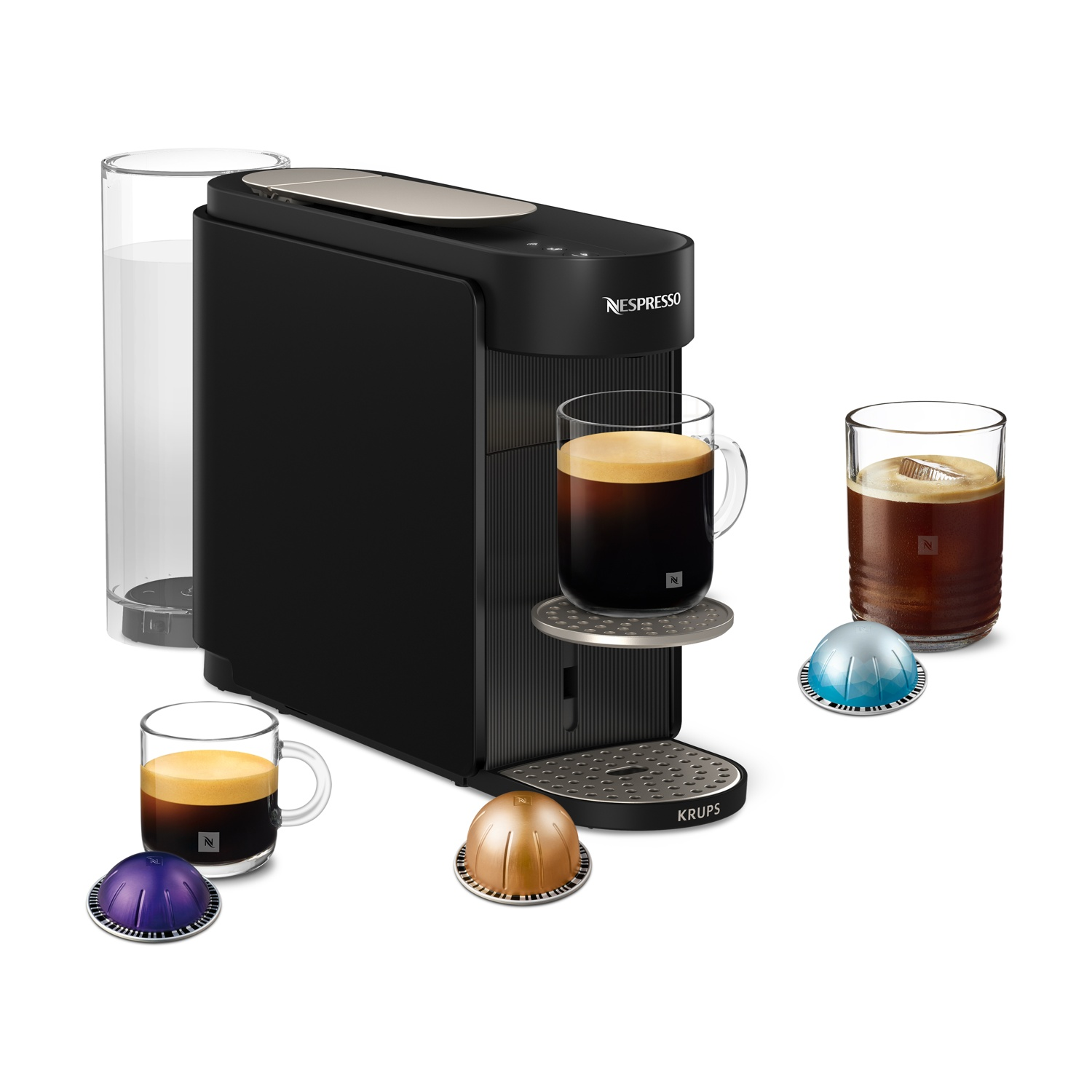Macchina da caffè nera con due tazze di caffè, serbatoio dell'acqua e capsule.