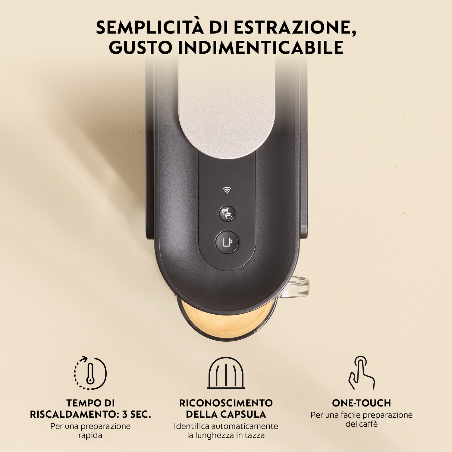 Macchina da caffè prepara caffè, con icone per riscaldamento rapido, riconoscimento capsula, one-touch.