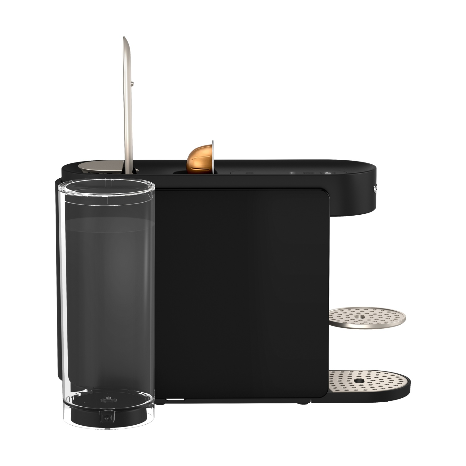 Macchina da caffè nera con serbatoio acqua, capsula e vaschette raccogligocce.