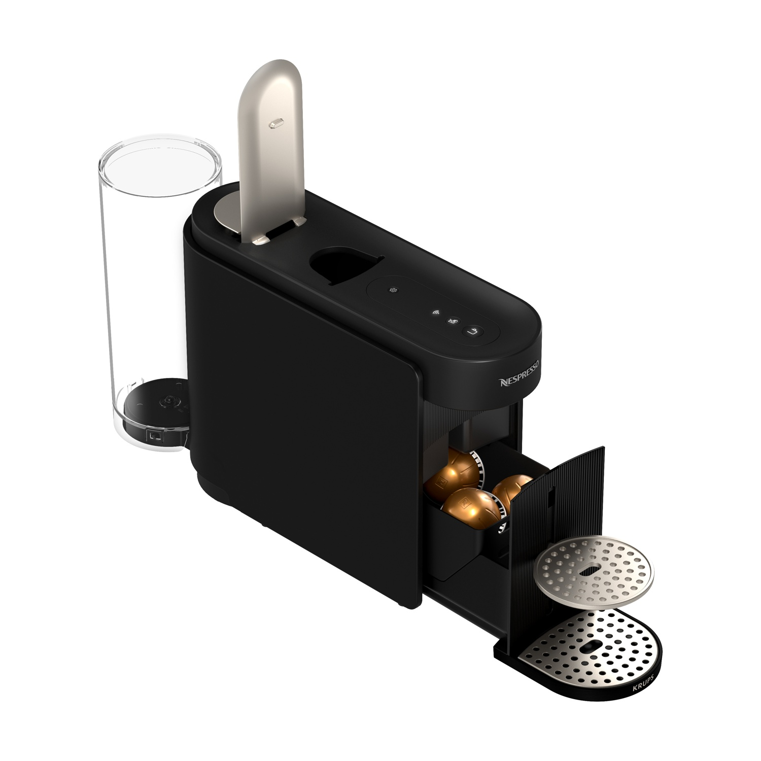 Macchina da caffè nera con capsule dorate nel cassetto e un contenitore dell'acqua.