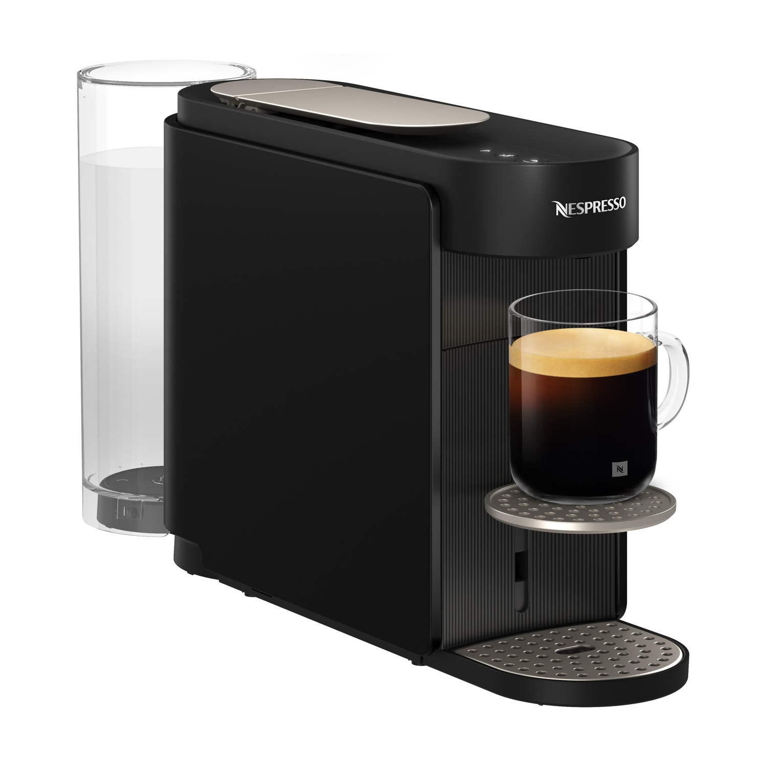 Macchina da caffè Nespresso nera con serbatoio dell'acqua e una tazza di caffè.
