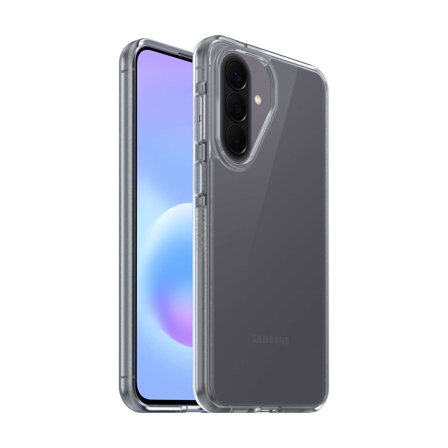 Una custodia trasparente copre un telefono Samsung con schermo colorato. L'obiettivo della fotocamera è visibile.