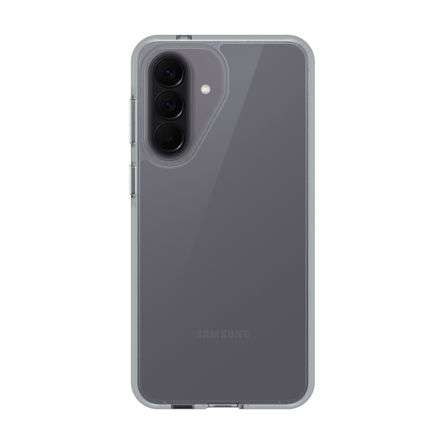 Uno smartphone Samsung scuro con tre fotocamere e cornice argentata.