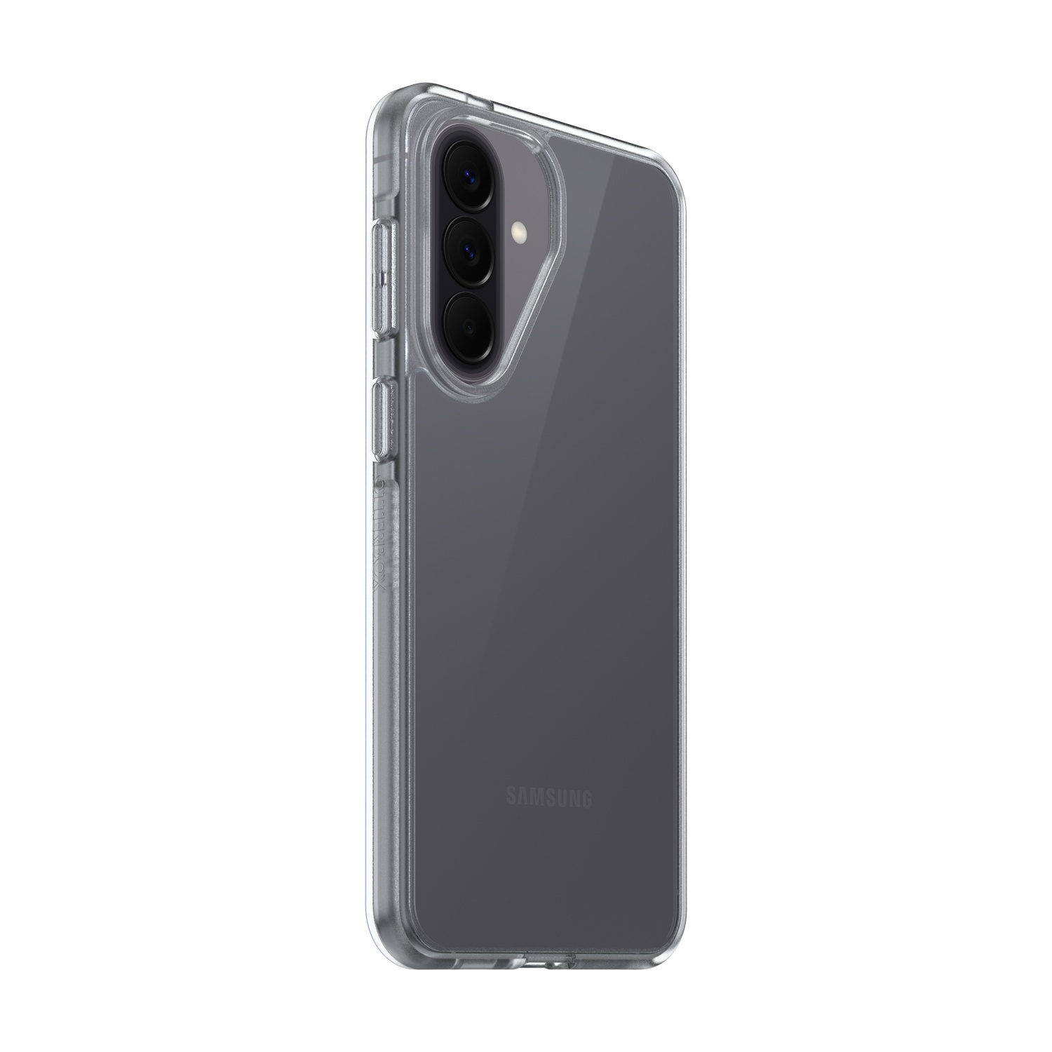 Retro di una cover trasparente con tre fotocamere e logo Samsung.