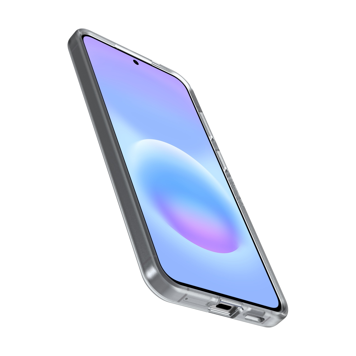 Una custodia trasparente per telefono su uno smartphone con sfondo viola e blu.