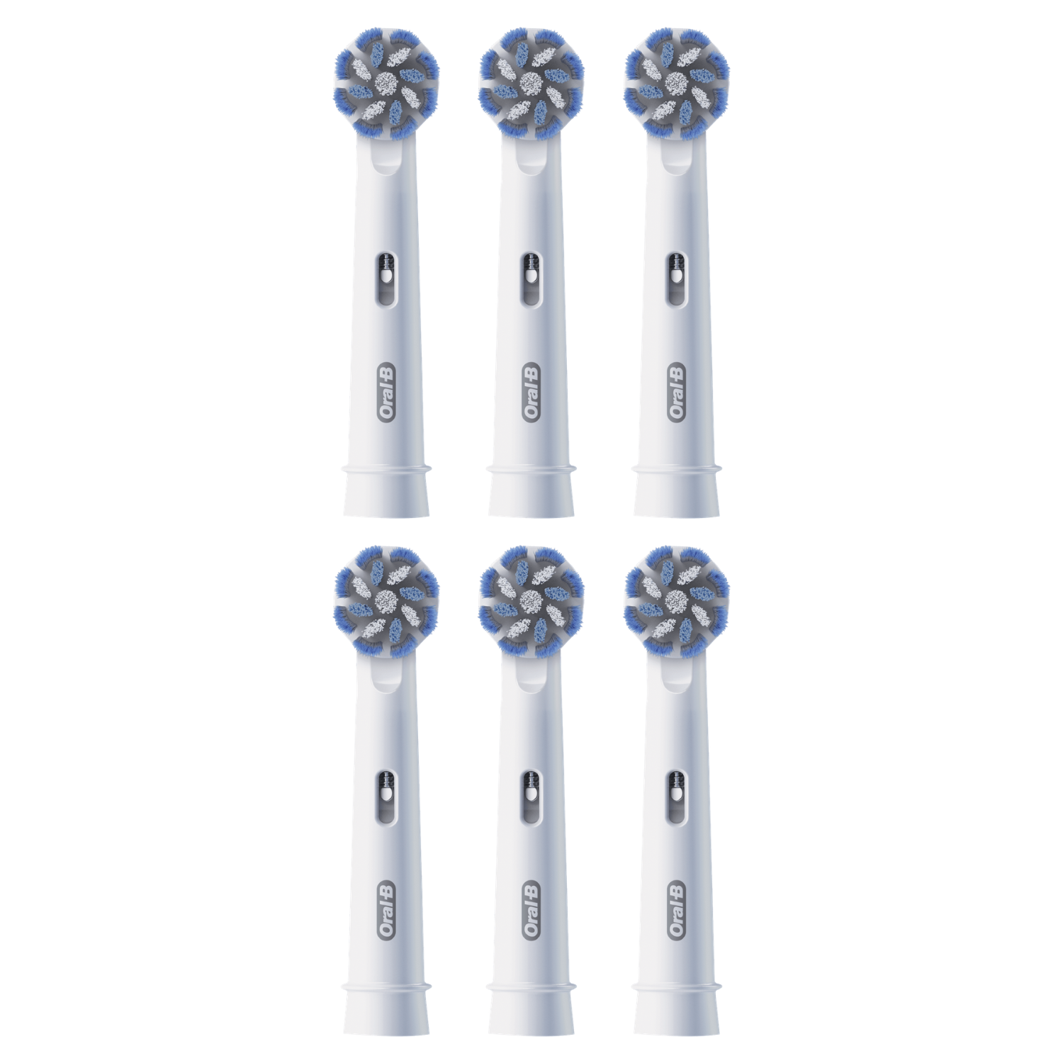 Seis cabezales de cepillo de dientes Oral-B blancos con cerdas azules y grises.