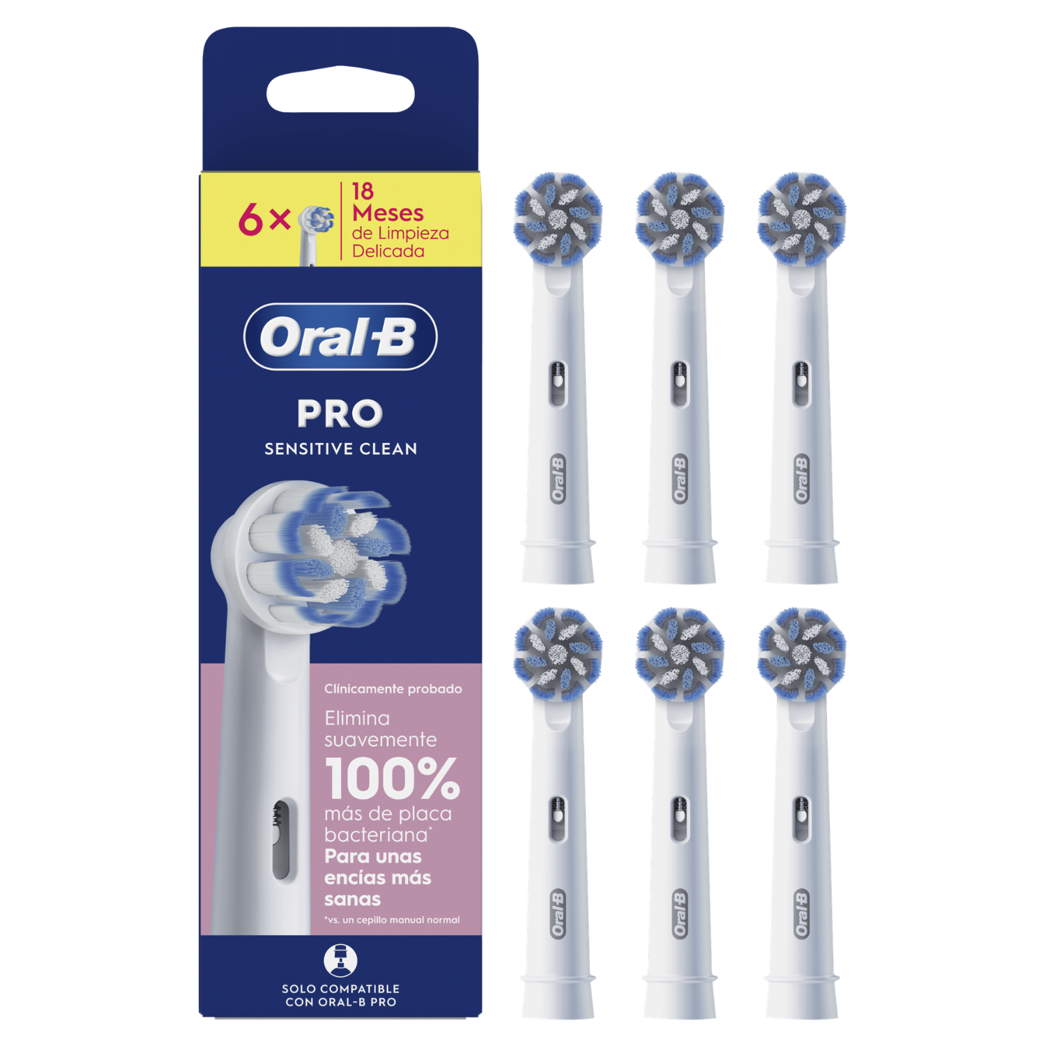 Paquete con 6 cabezales Oral-B Pro Sensitive Clean en blanco y azul.