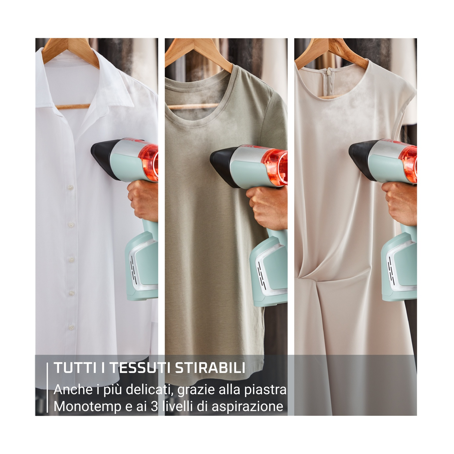 Tre capi: camicia bianca, t-shirt grigia, abito beige. Un vaporizzatore per abiti.