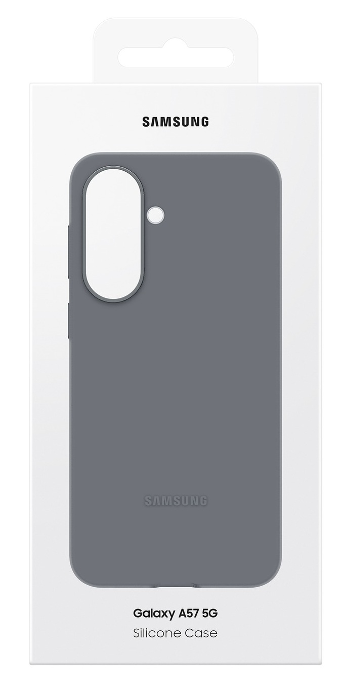Szare etui silikonowe Samsung Galaxy A57 5G w opakowaniu.