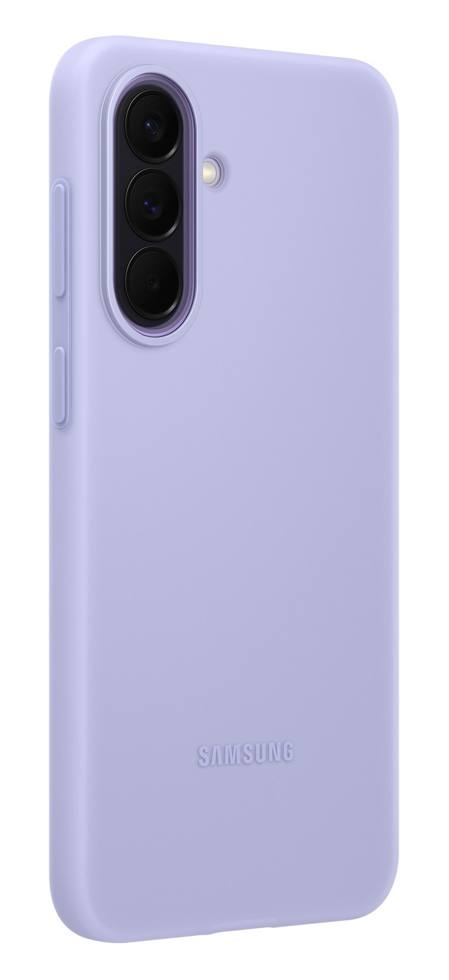 Jasnofioletowe etui na telefon z trzema obiektywami i lampą błyskową.