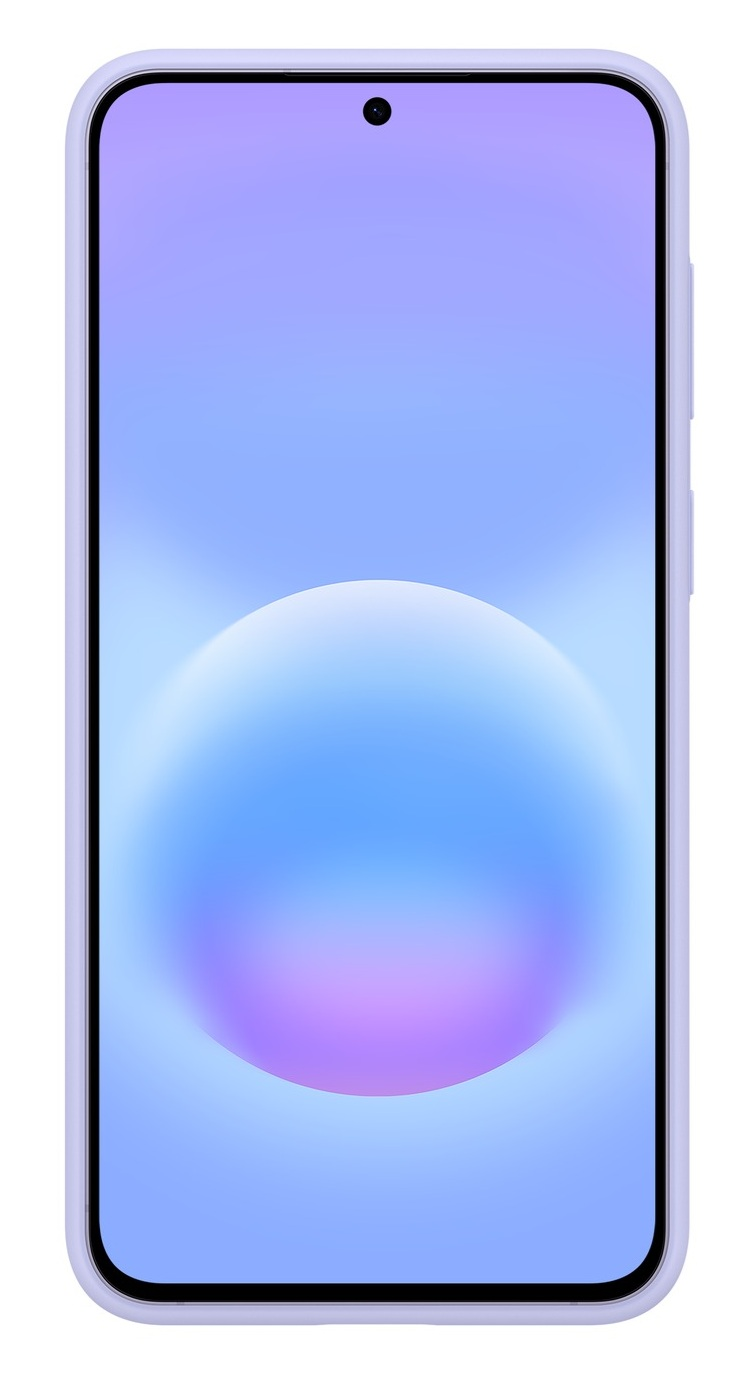 Jasnofioletowy smartfon z niebiesko-fioletowym tłem gradientowym.