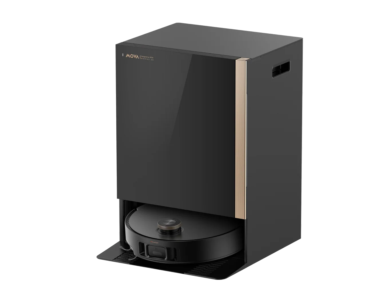 Czarny robot sprzątający w stacji dokującej ze złotą listwą.