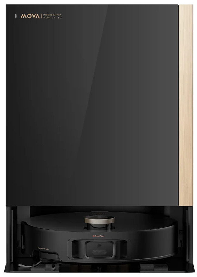 Czarny robot sprzątający ze złotymi akcentami w stacji dokującej. Widok z góry.