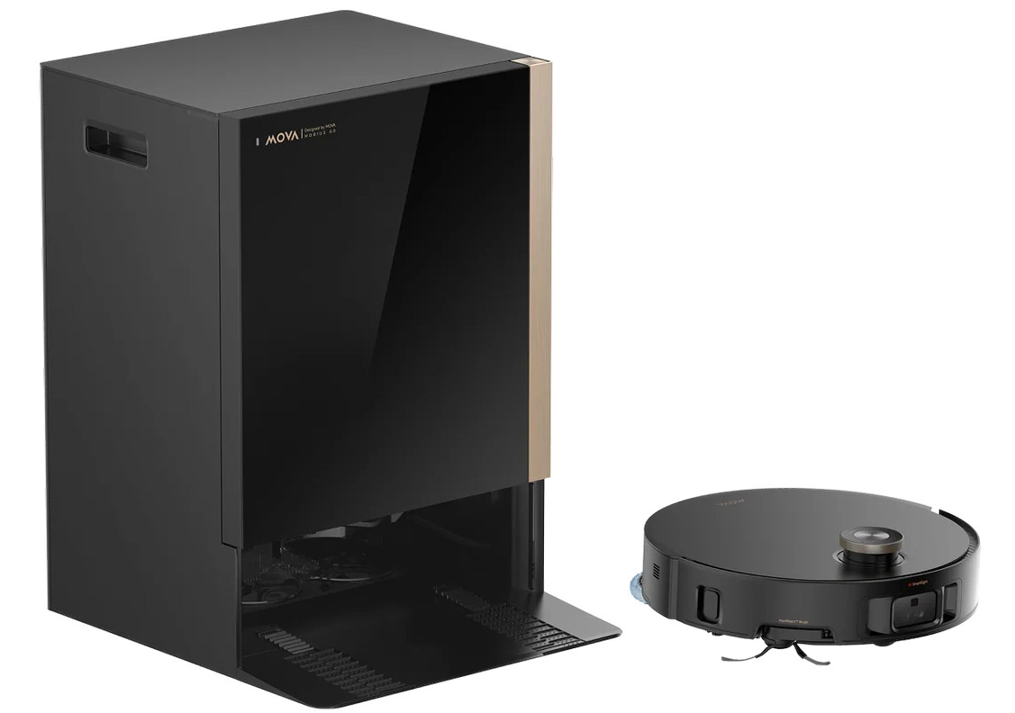 Czarny robot sprzątający MOVA ze stacją ładującą na białym tle.