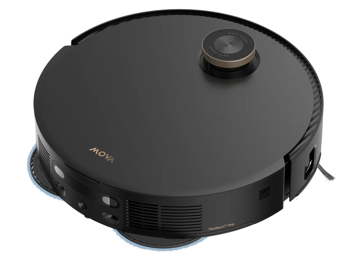 Czarny, okrągły robot sprzątający z przyciskiem na górze i napisem.