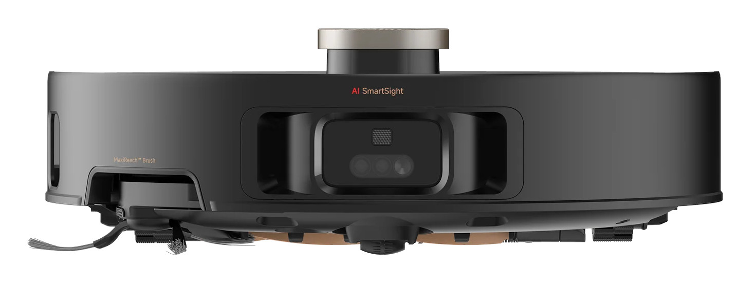Czarny robot sprzątający z AI SmartSight i MaxiReach Brush.