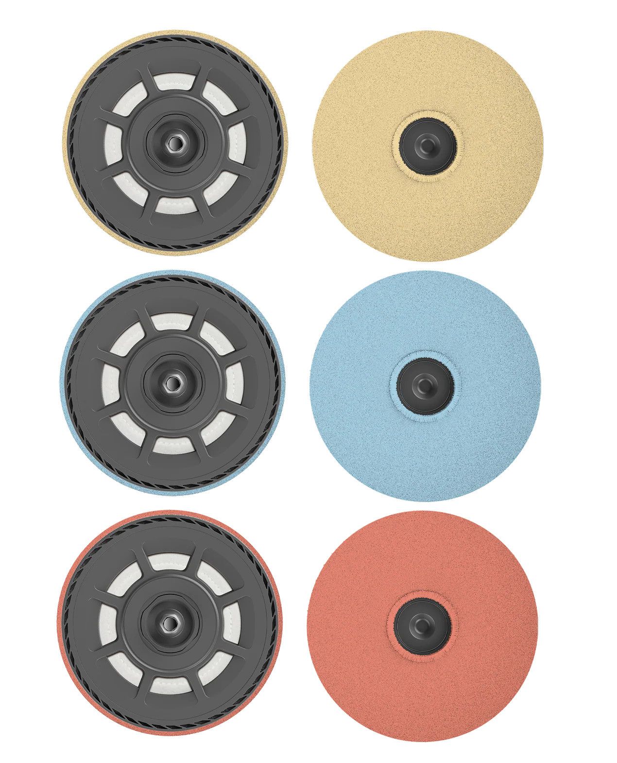 Sześć tarcz szlifierskich obok siebie, trzy po lewej z czarnym środkiem, trzy po prawej kolorowe.