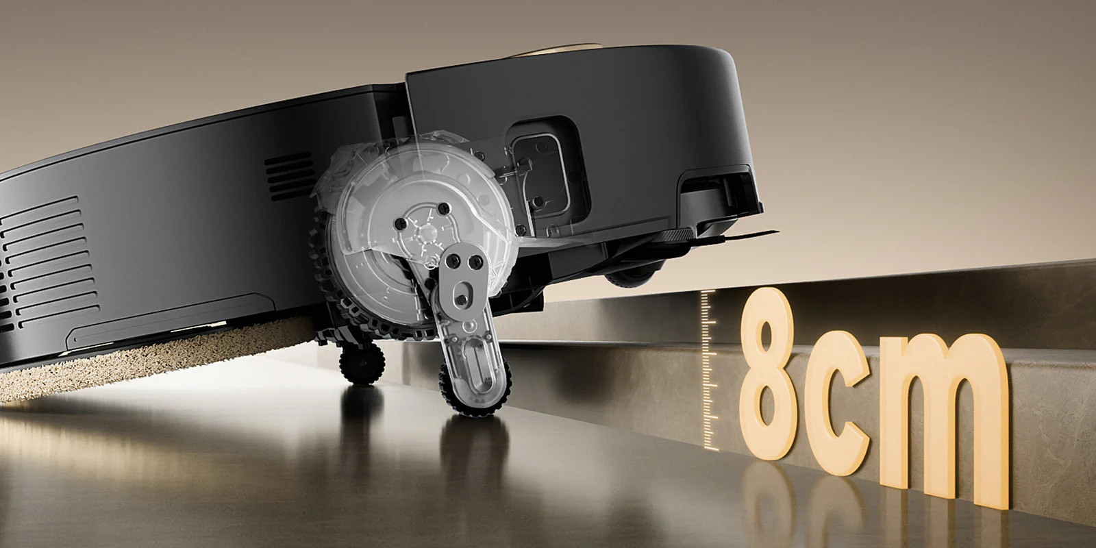 Czarny robot sprzątający z szczotką nawiguje po schodach, pokazując 8 cm różnicy.