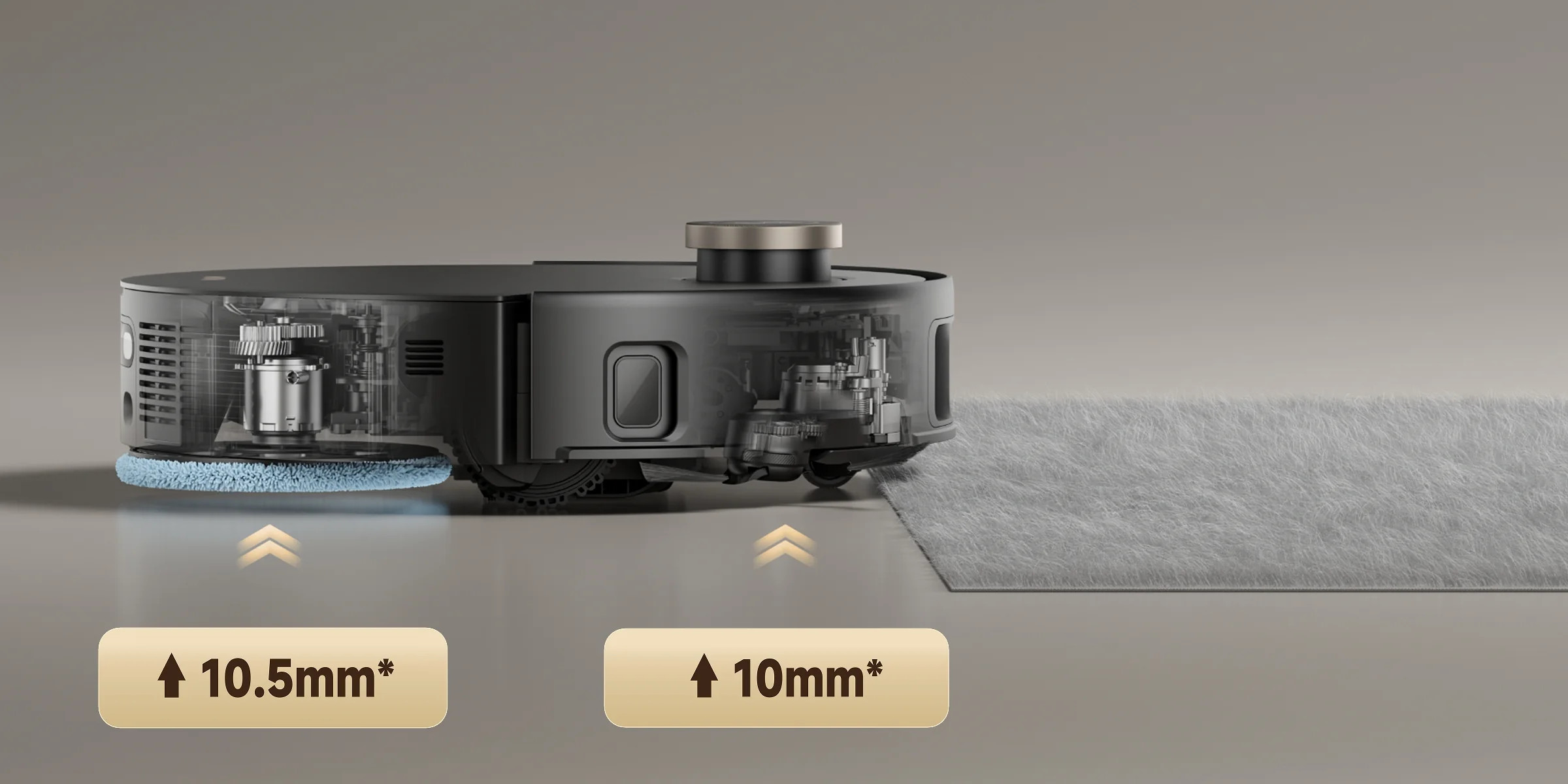 Odkurzacz automatyczny z przezroczystą obudową, pokazujący mechanikę i szczotkę.