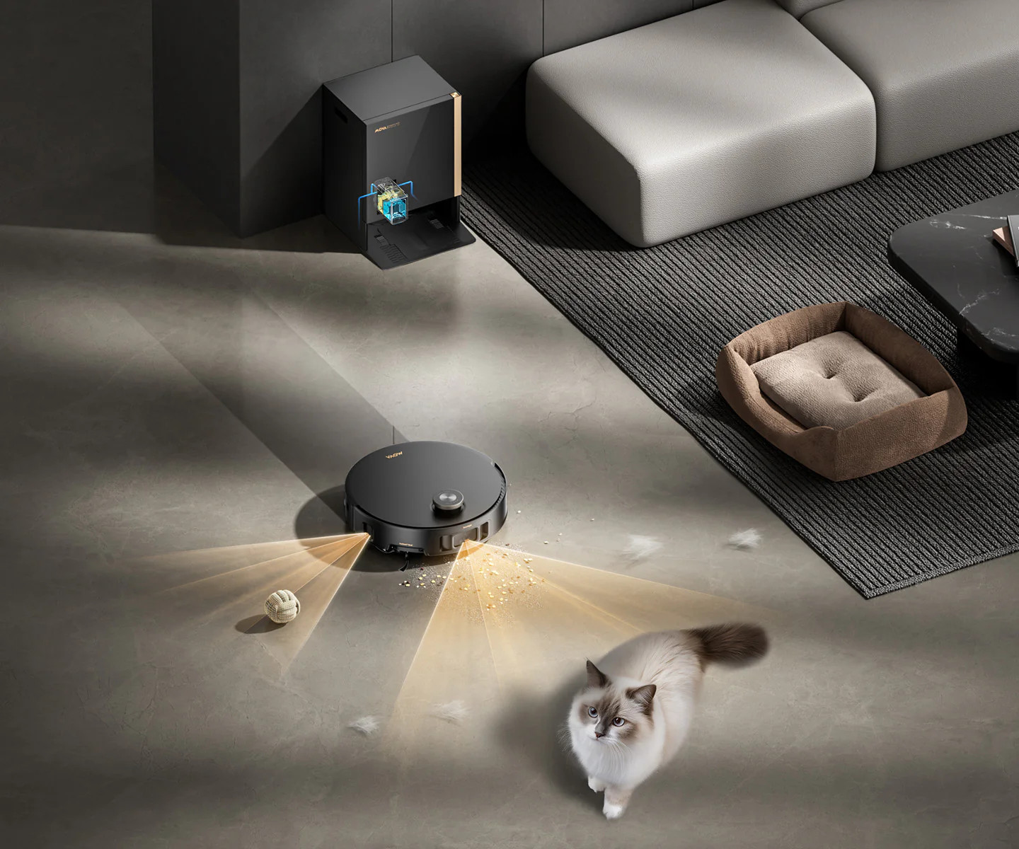 Robot sprząta kurz. Kot siedzi obok, obok legowisko dla psa.