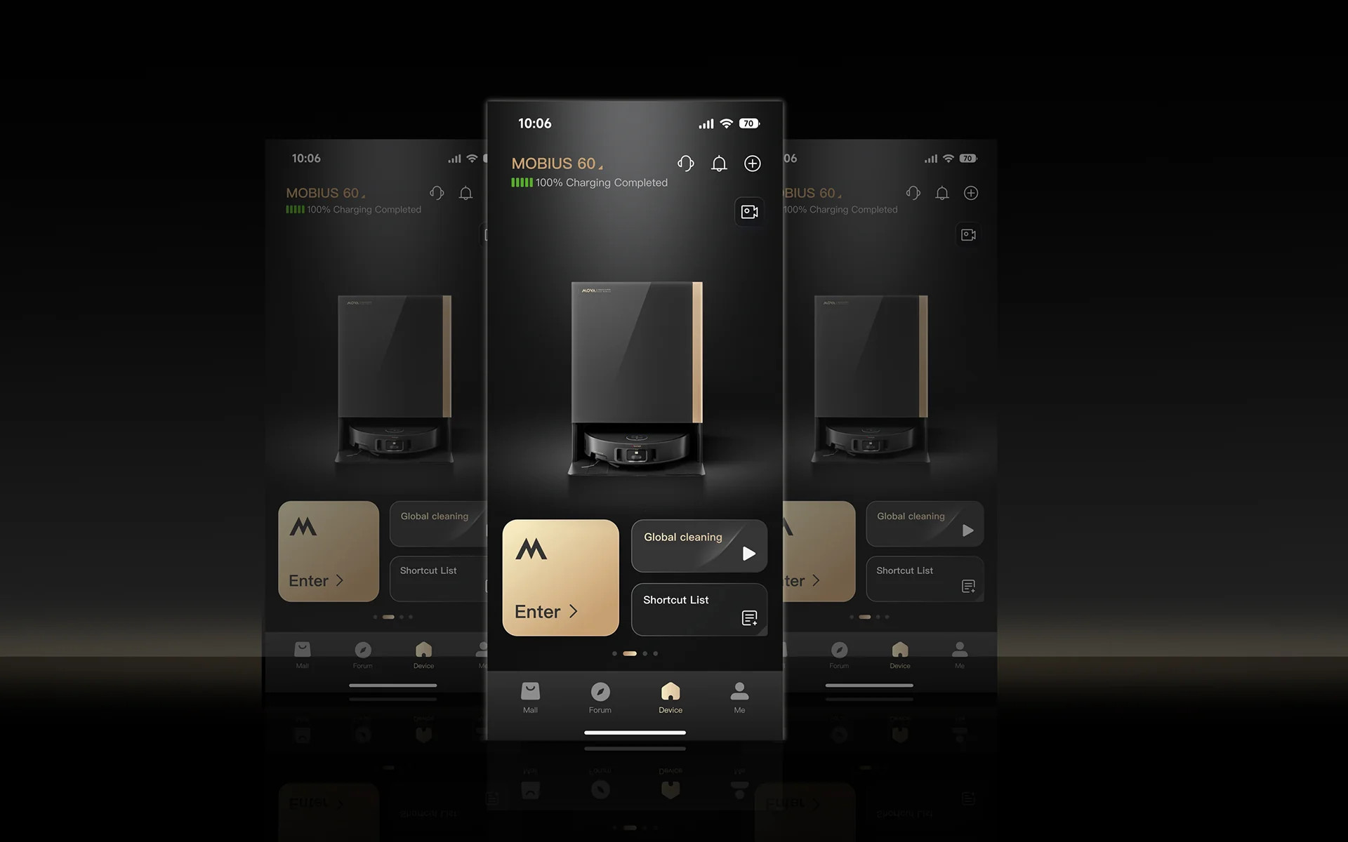 Trzy ekrany telefonu pokazują aplikację odkurzacza robota ze statusem ładowania.