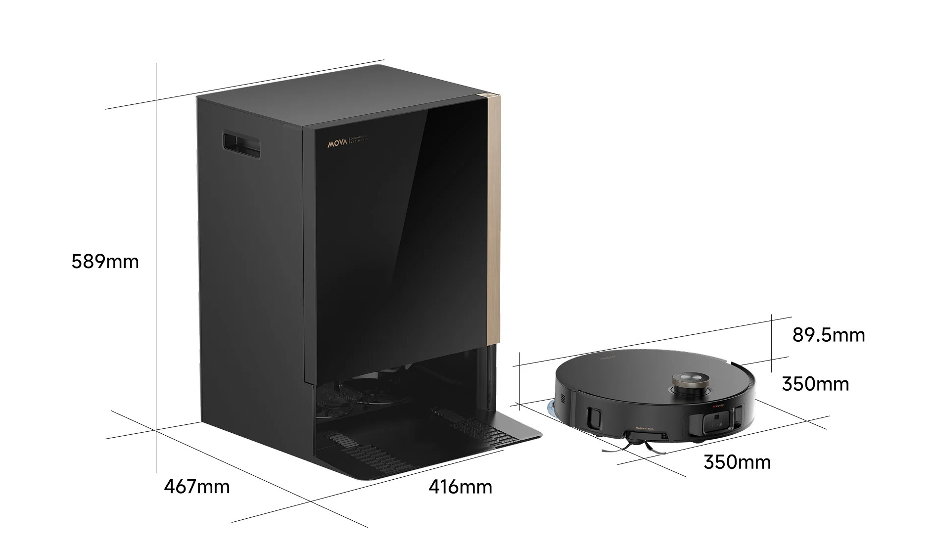 Czarny robot sprzątający ze stacją ładującą, podane wymiary.