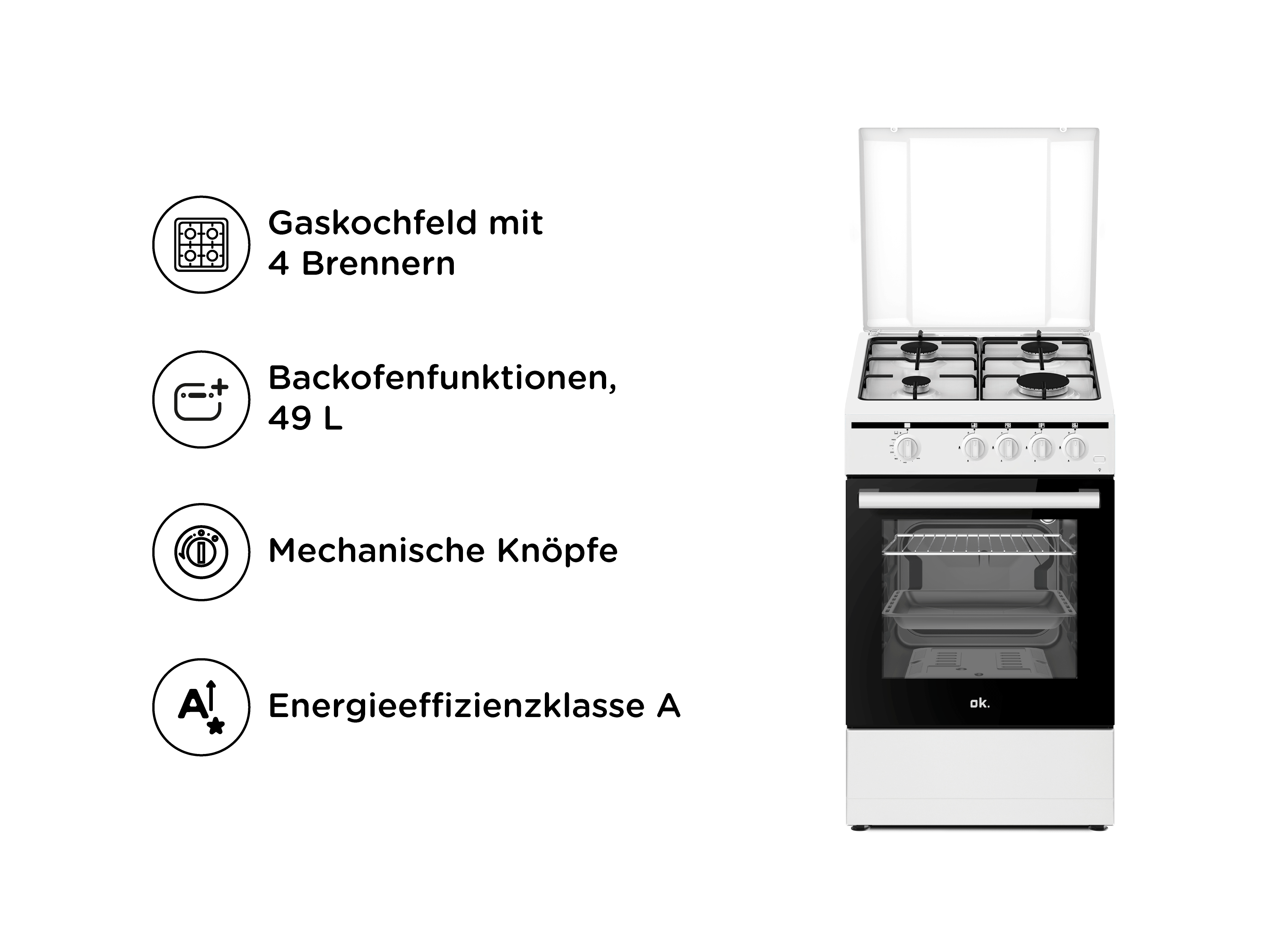 Ein weißer Gasherd mit 4 Brennern, 49L Backofen, mechanischen Knöpfen und Energieklasse A.