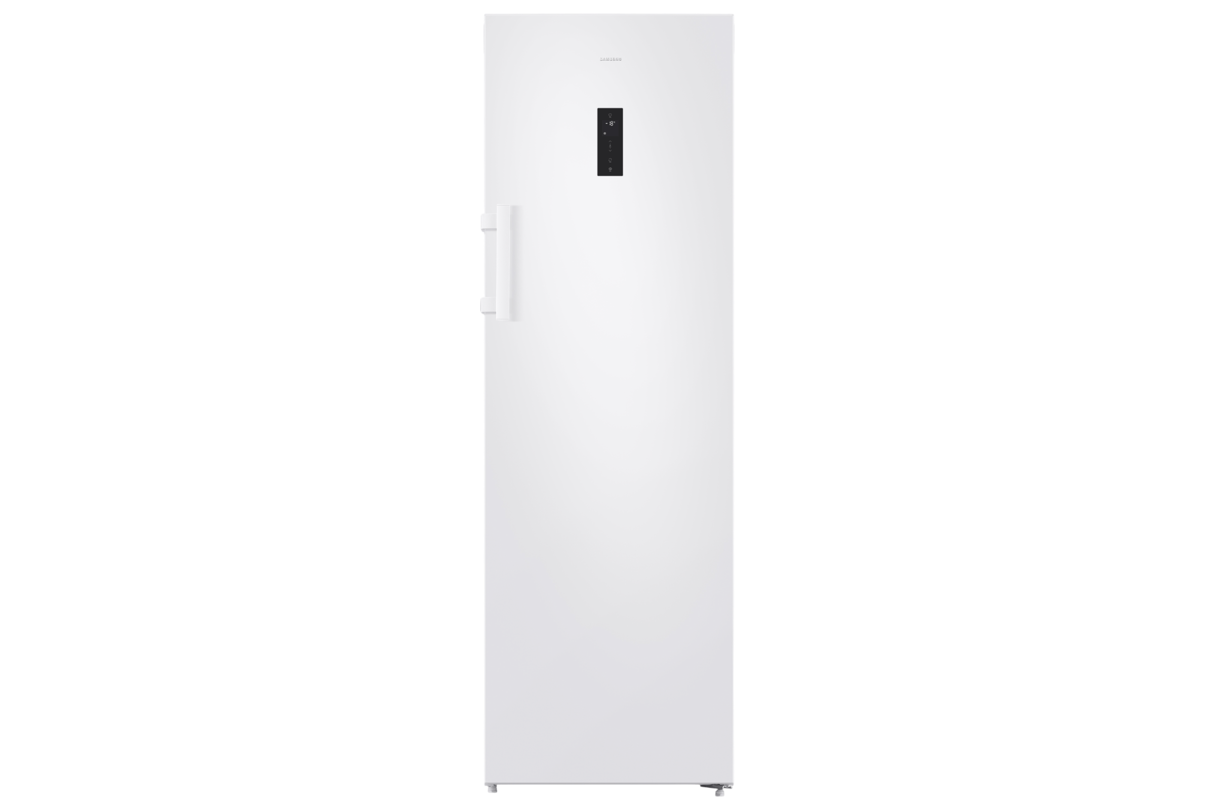 Kulplu ve dijital ekranlı, uzun, beyaz bir buzdolabı.