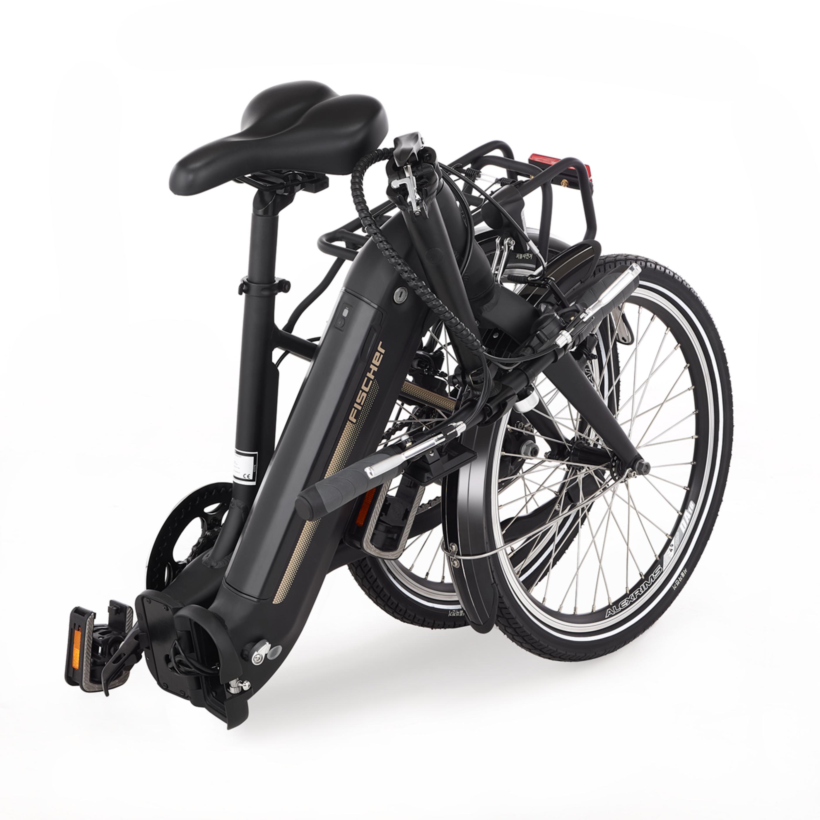 Ein schwarzes, zusammenklappbares E-Bike mit weißem Aufdruck auf dem Rahmen.
