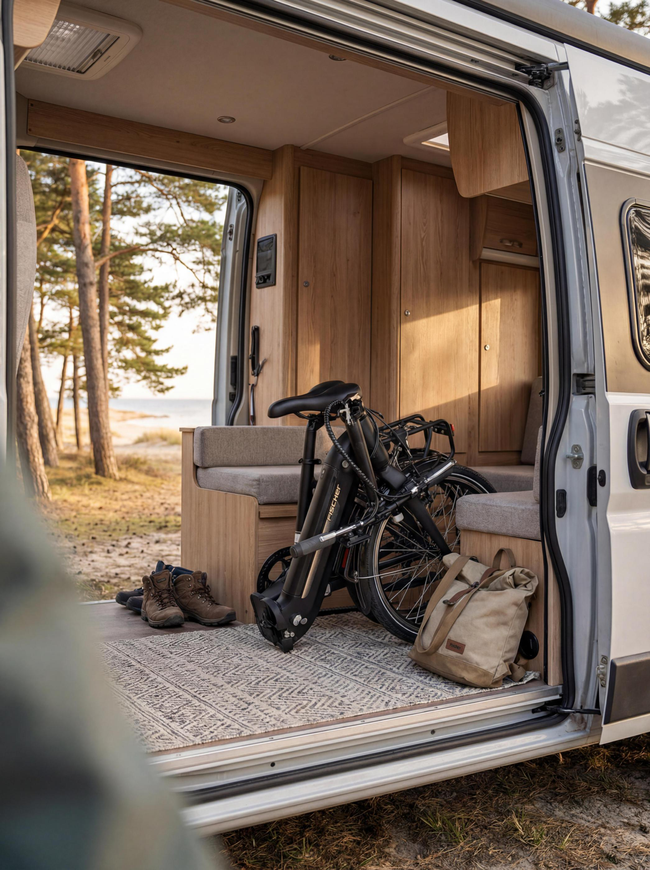 Gefaltetes Fahrrad, Schuhe und Tasche in einem Wohnmobil mit Blick auf Strand und Bäume.