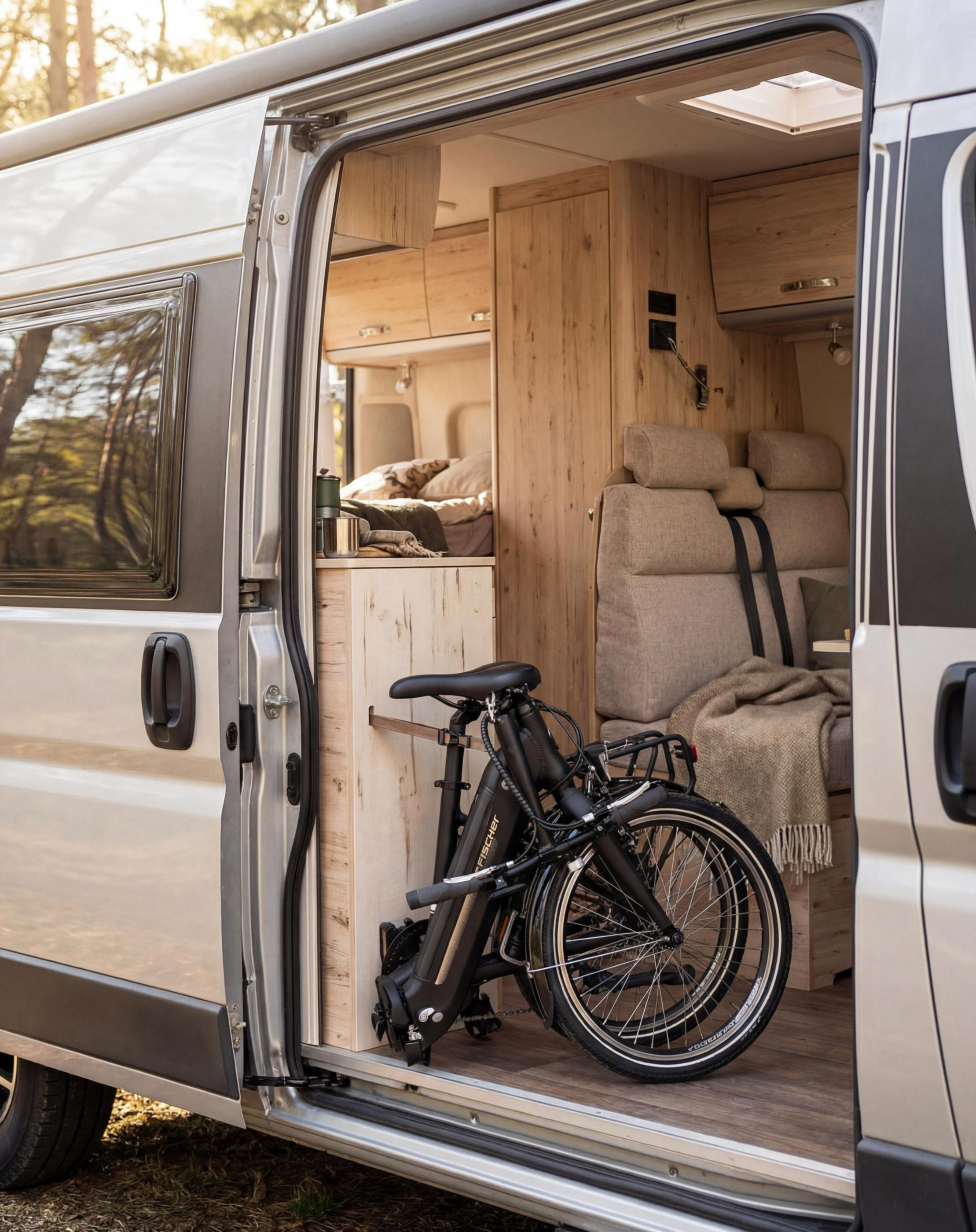 Ein zusammengeklapptes Fahrrad steht in einem Campervan mit Holzausstattung und Sitzbereich.