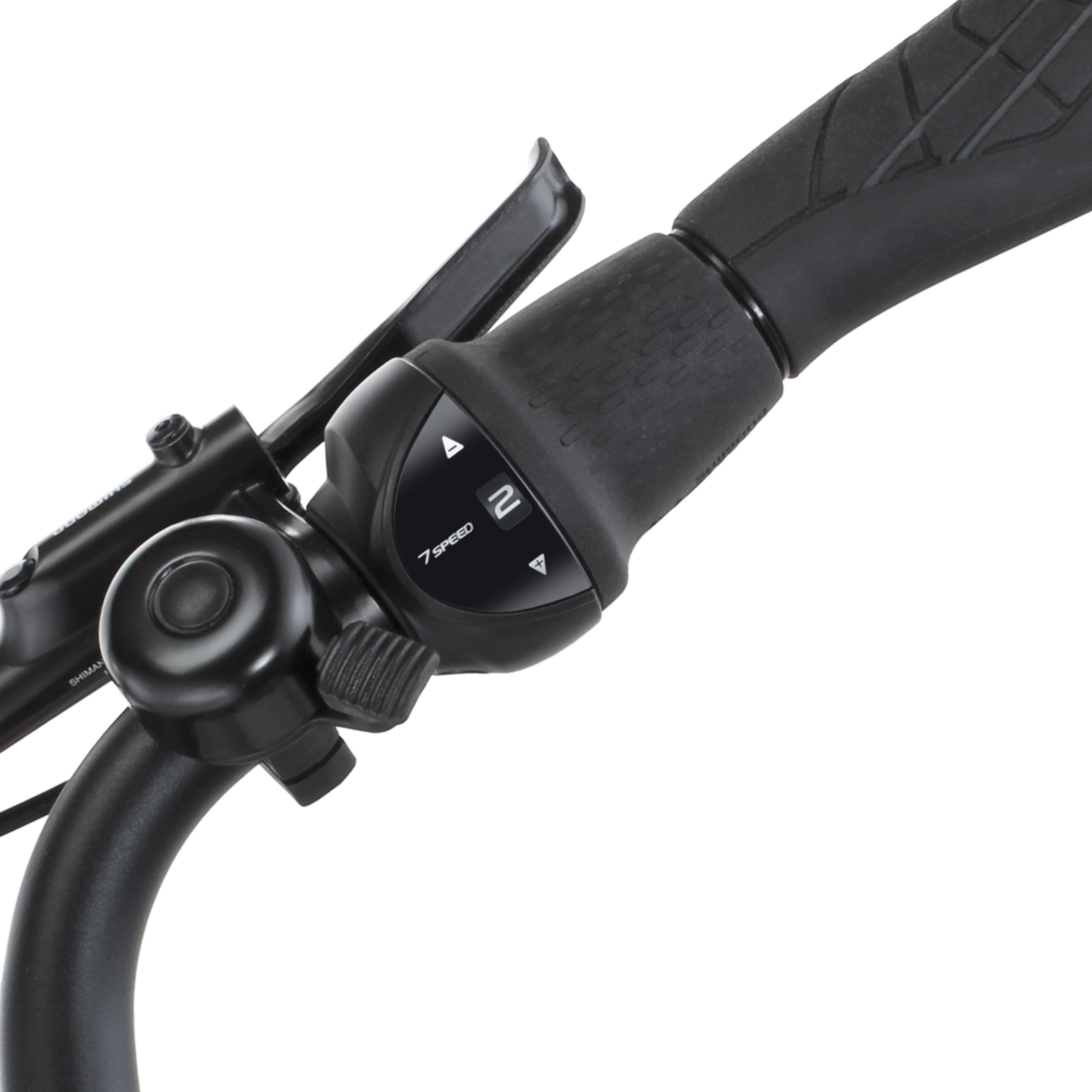 Nahaufnahme des Fahrradlenkers mit Schalthebel, Klingel und Bremshebel.