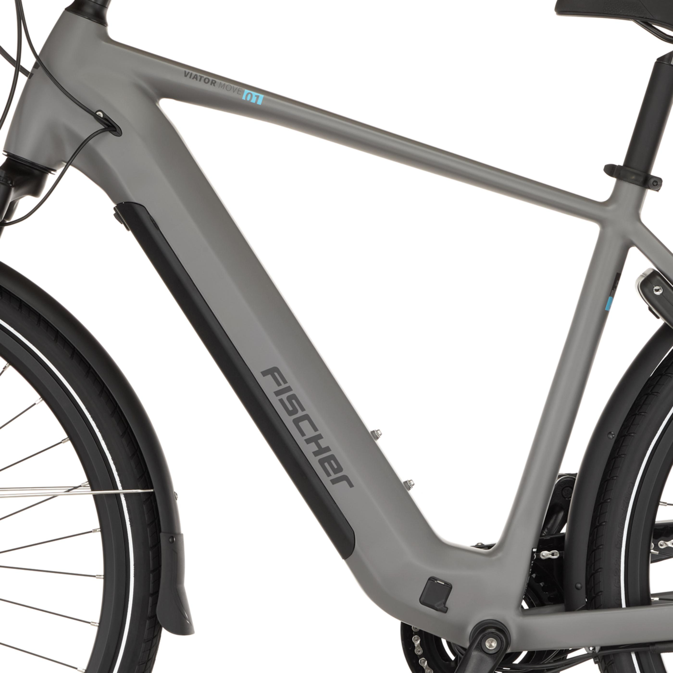 Graues Fahrrad mit schwarzem Sattel, Reifen und Schutzblechen.