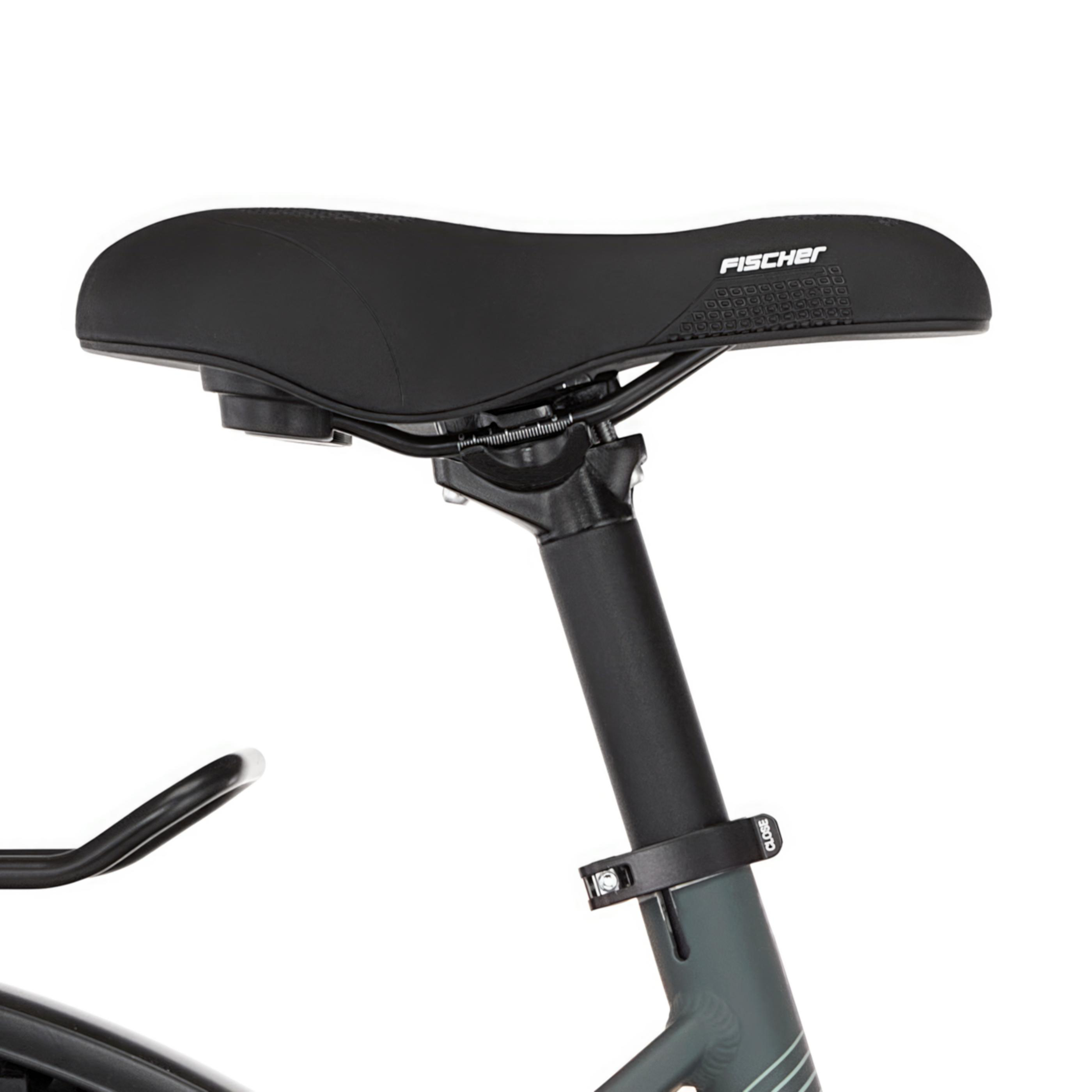 Schwarzer Fahrradsattel mit silberner Halterung und Maßskala.