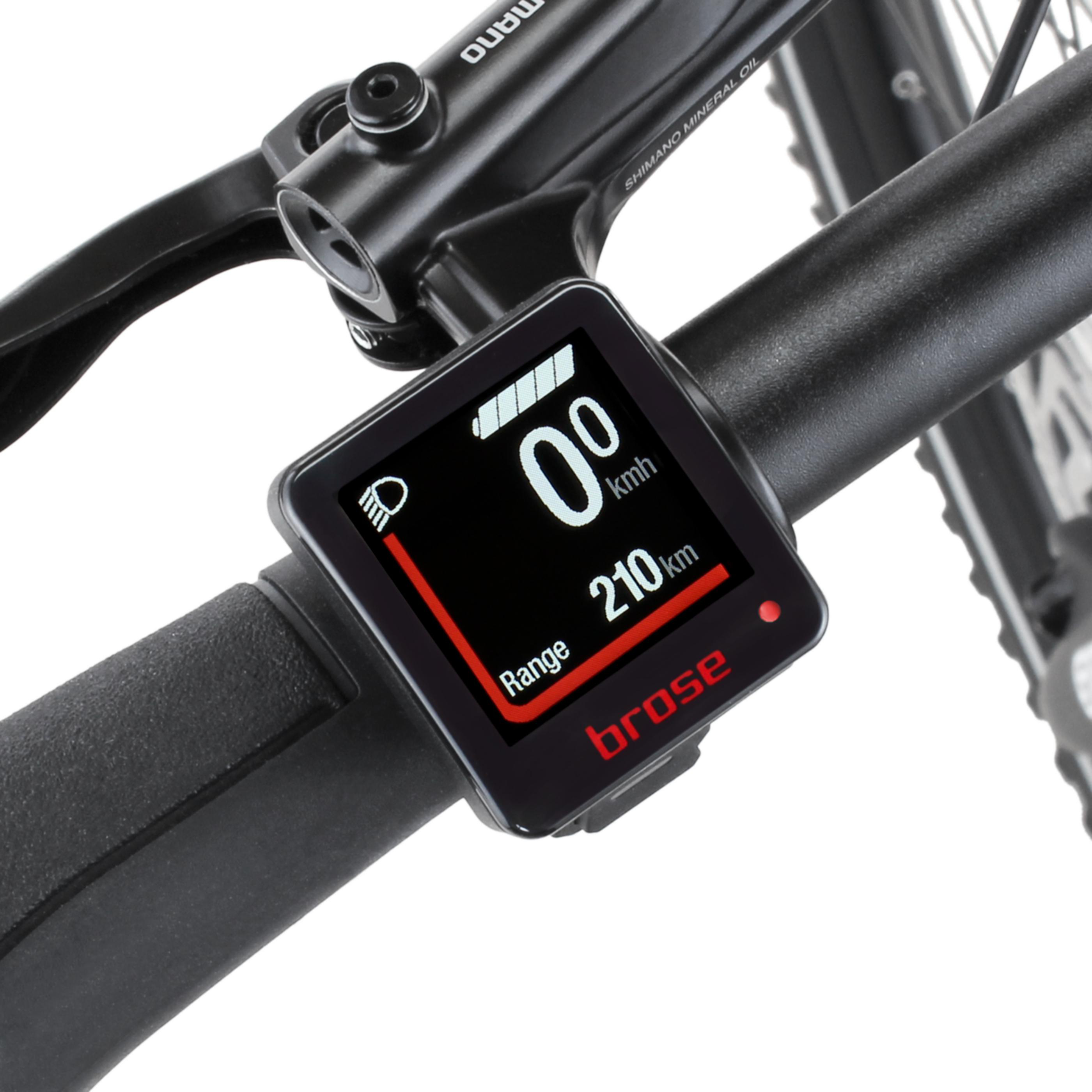 Fahrrad-Display zeigt 0 km/h, 210 km Reichweite, Akku voll.