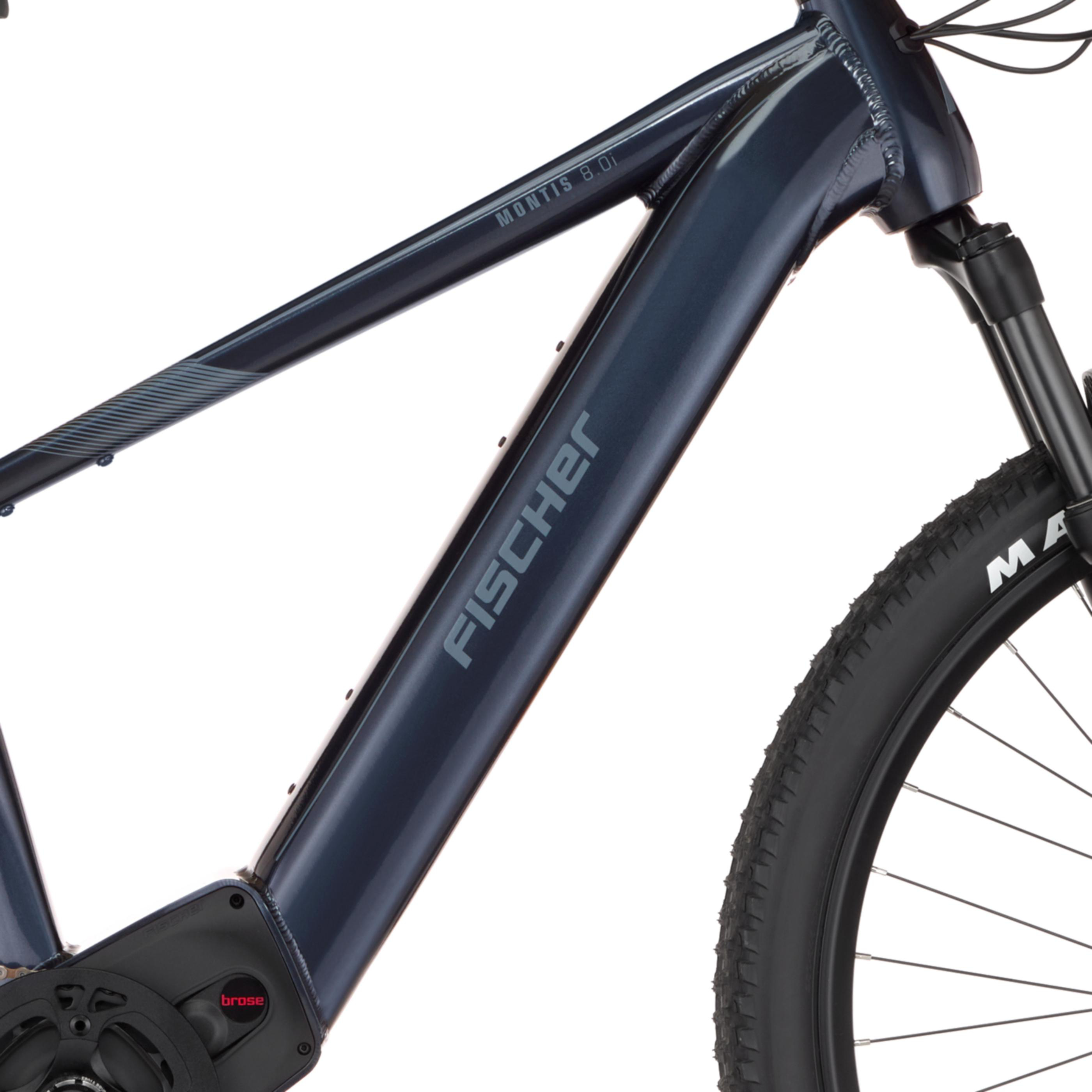Dunkelblaues E-Bike mit 'FISCHER'-Logo und 'MONTIS 8.0i'-Aufschrift.